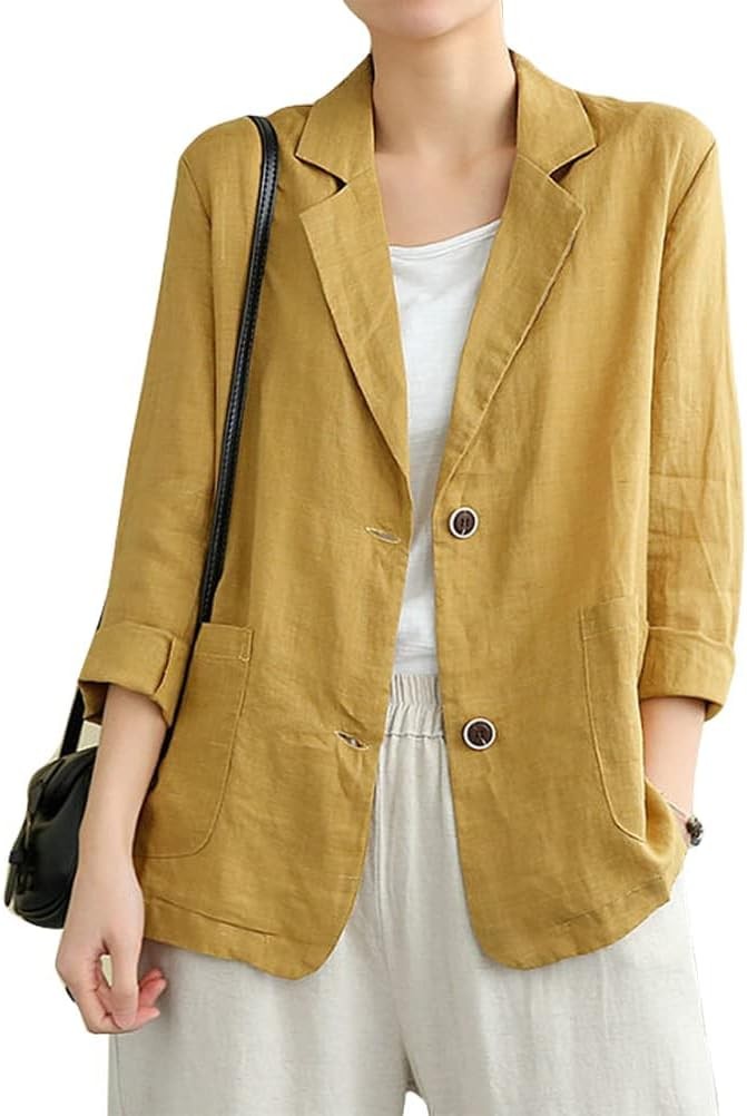 Womens Cotton Linen Long Sleeve Relaxed Fit Blazer Casual Lightweight Jacket