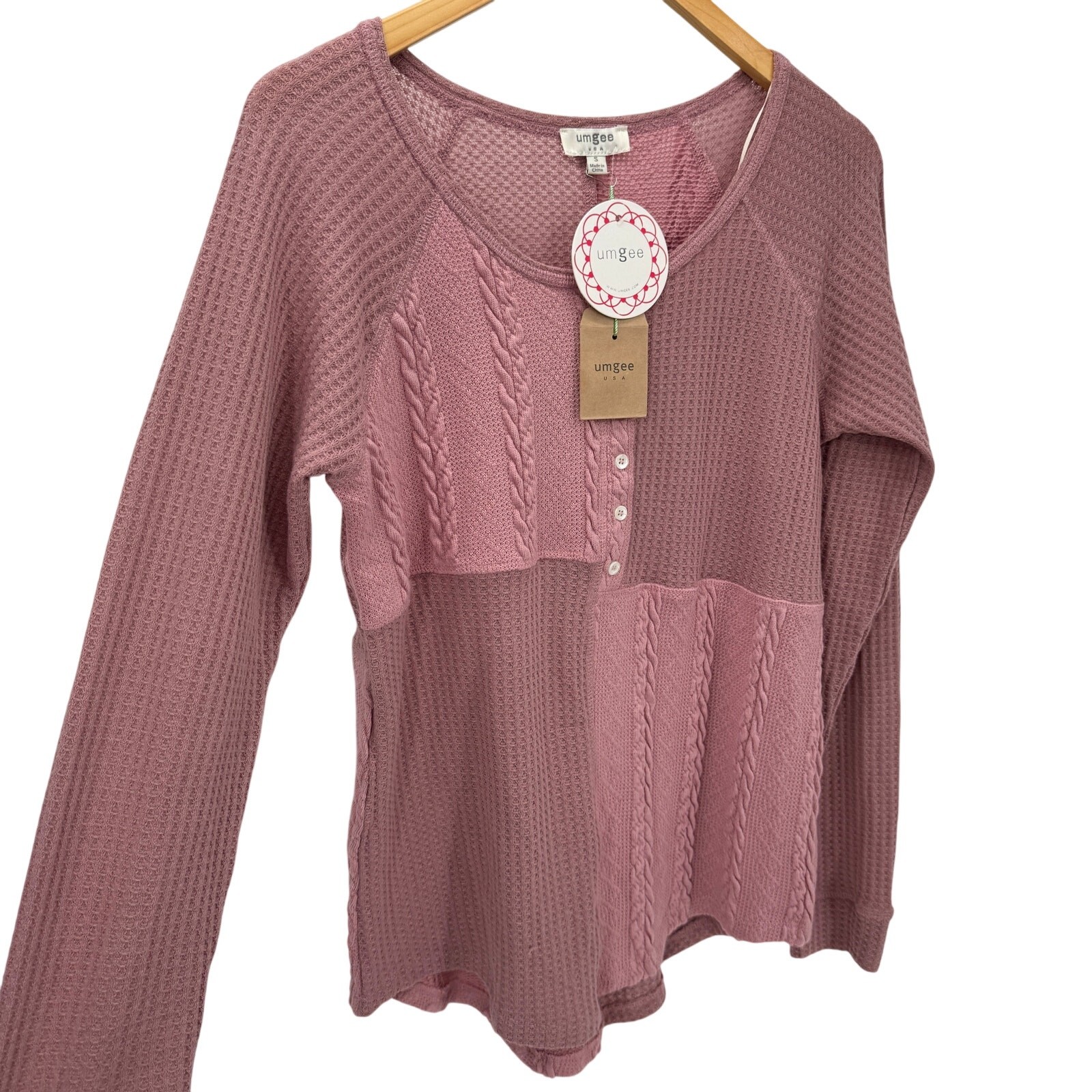 Umgee Blouse Womens Small Pink Boho Thermal Waffle Cable Knit Henley Shirt NEW