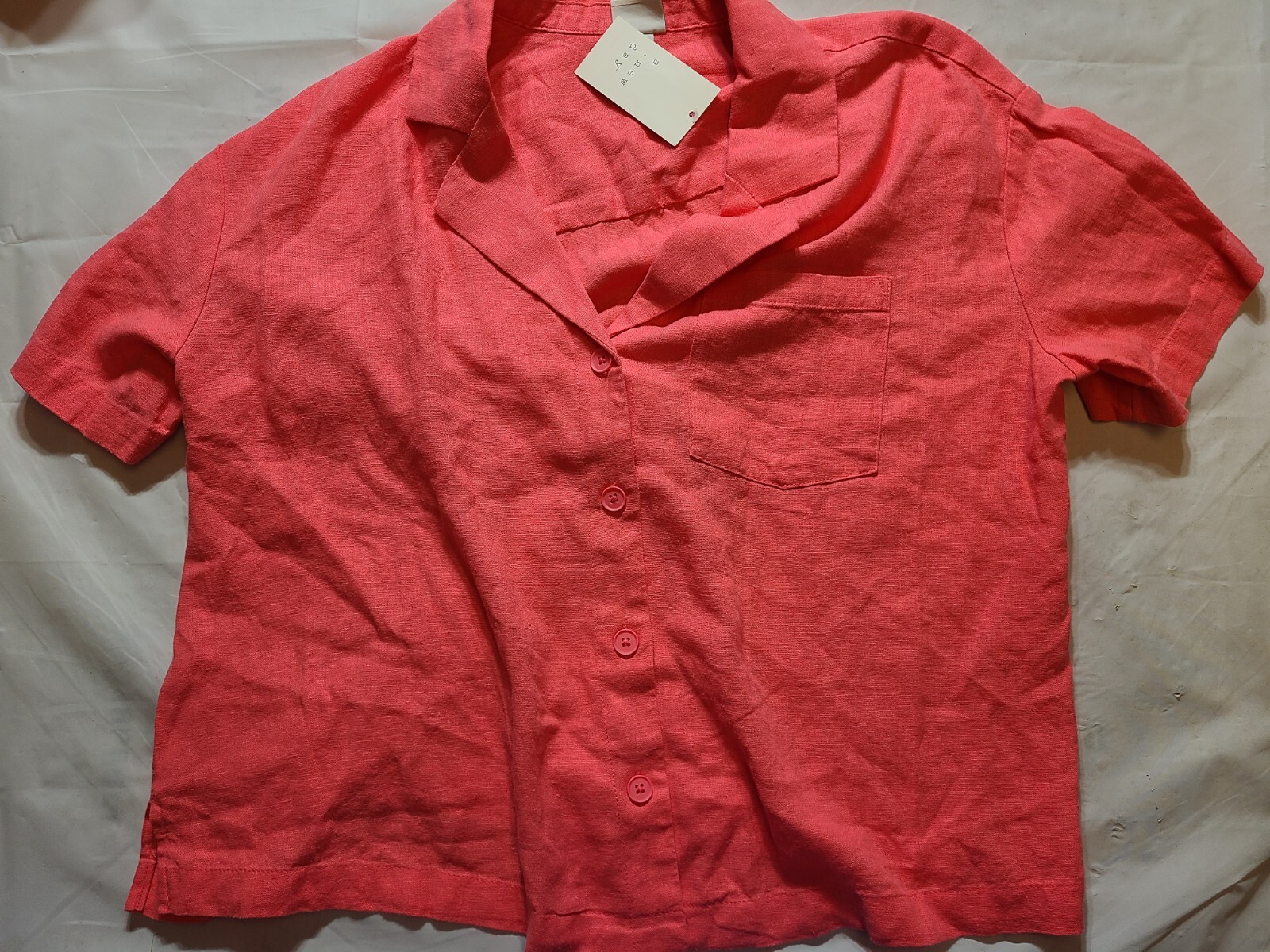 Women’s Linen Short Sleeve Button-Down Camp Shirt – A New Day Pink Size XL