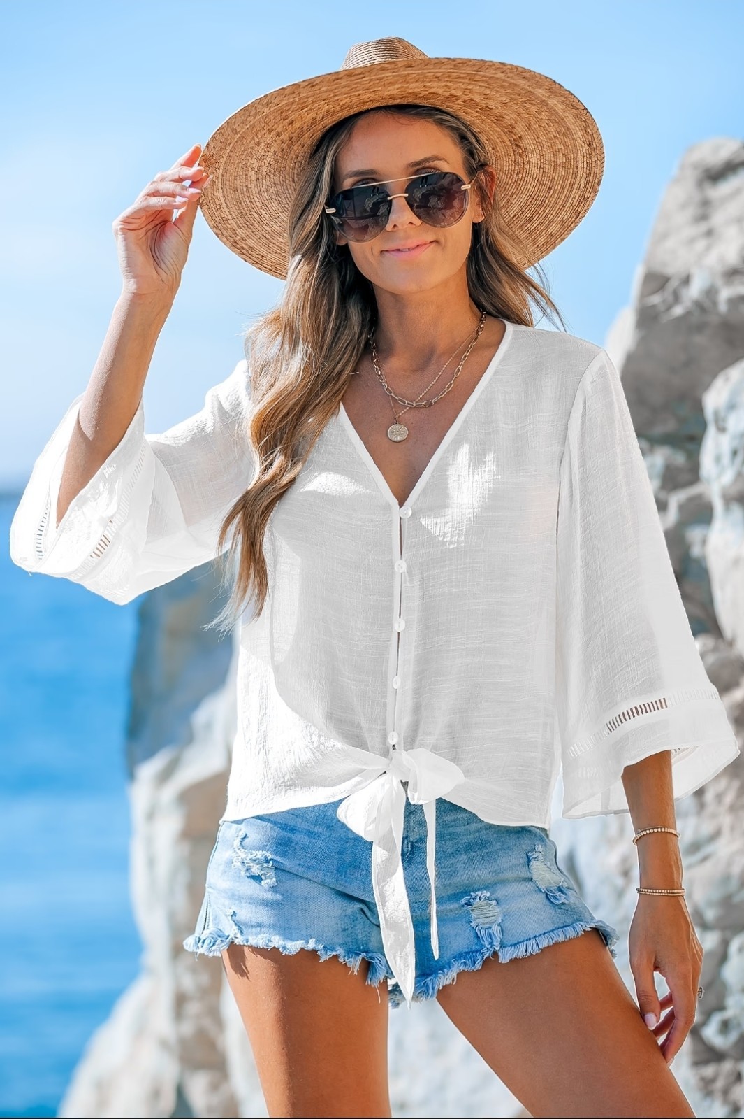 NWT Cupshe White Flared Sleeve and Tied-Waist Cover-Up, Medium