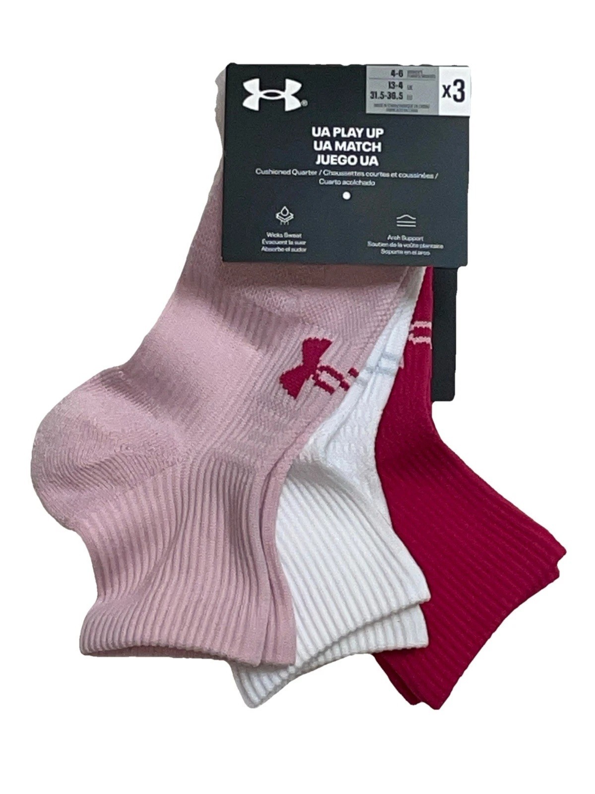 Under Armour Play Up Cushioned Socks, No Show Tab or Quarter, 3-PK; Sizes S, M