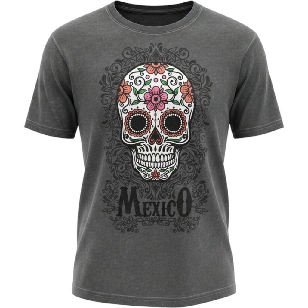 Pier 27 Mexico Sugar Skull Graphic T-Shirt Grey Mineral Wash Women Large L
