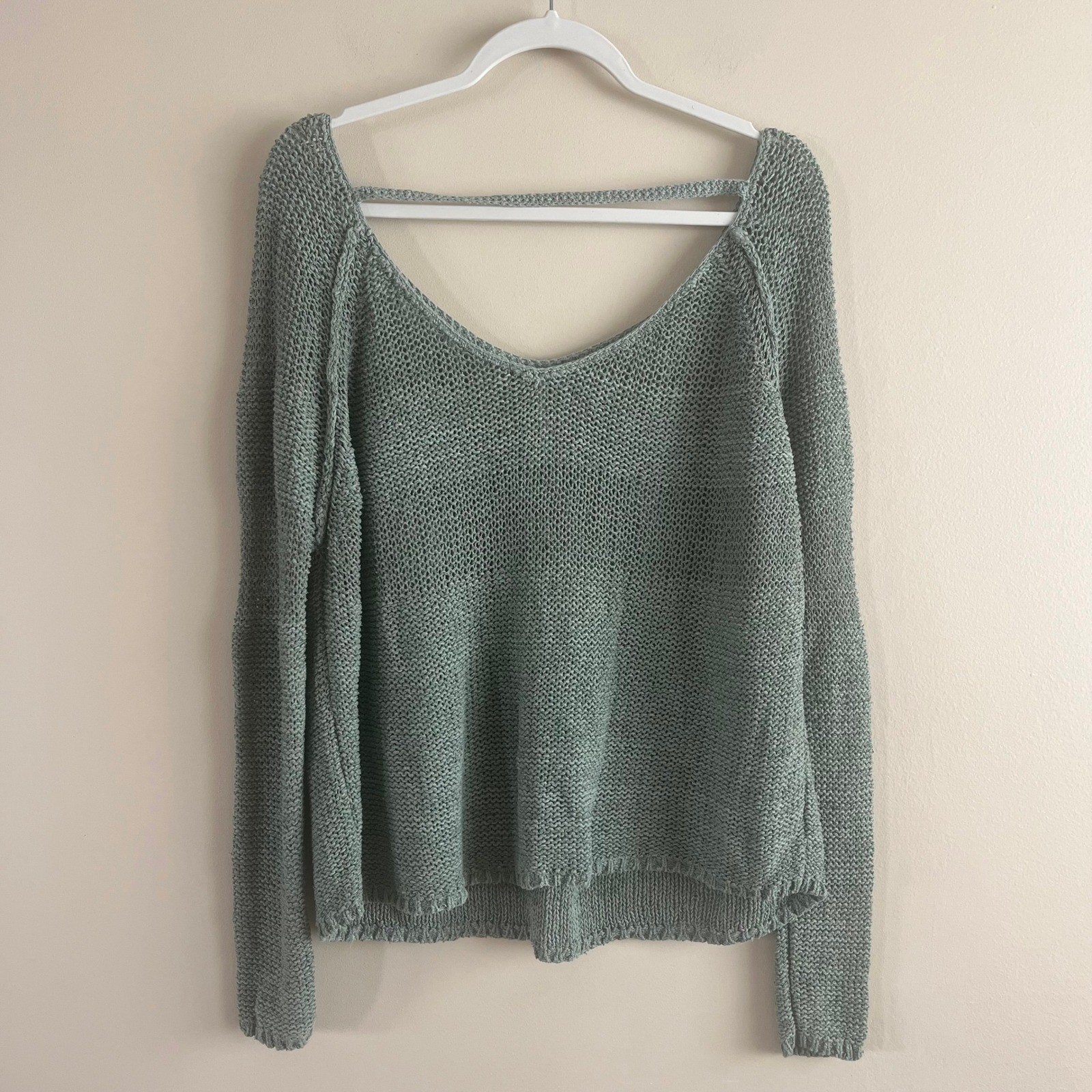 Free People Sage Green Linen Silk Blend Open Knit V-Neck Sweater Size M