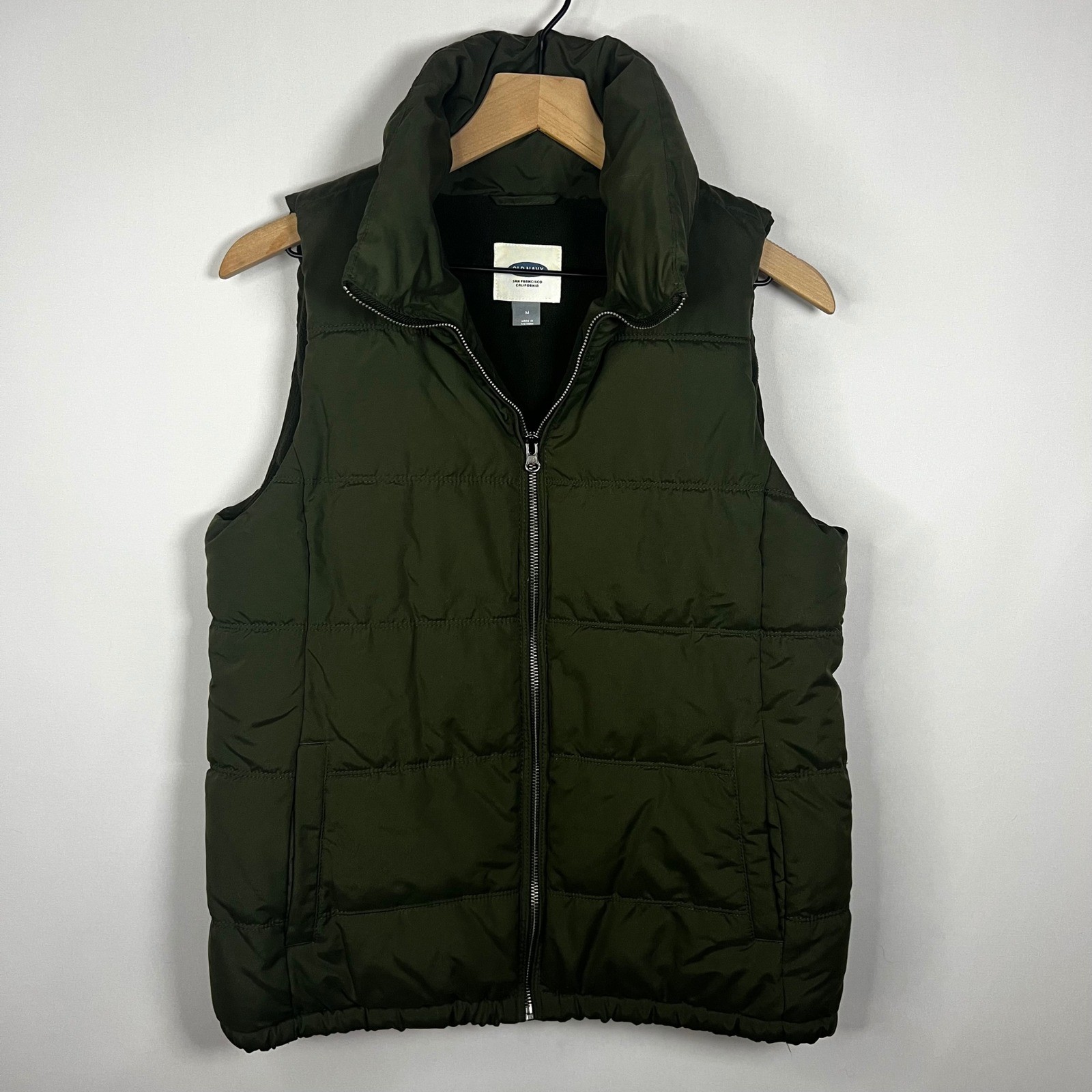Old Navy Frost Free Puffer Vest Women Medium Green Quilted Full Zip Fleece Lined