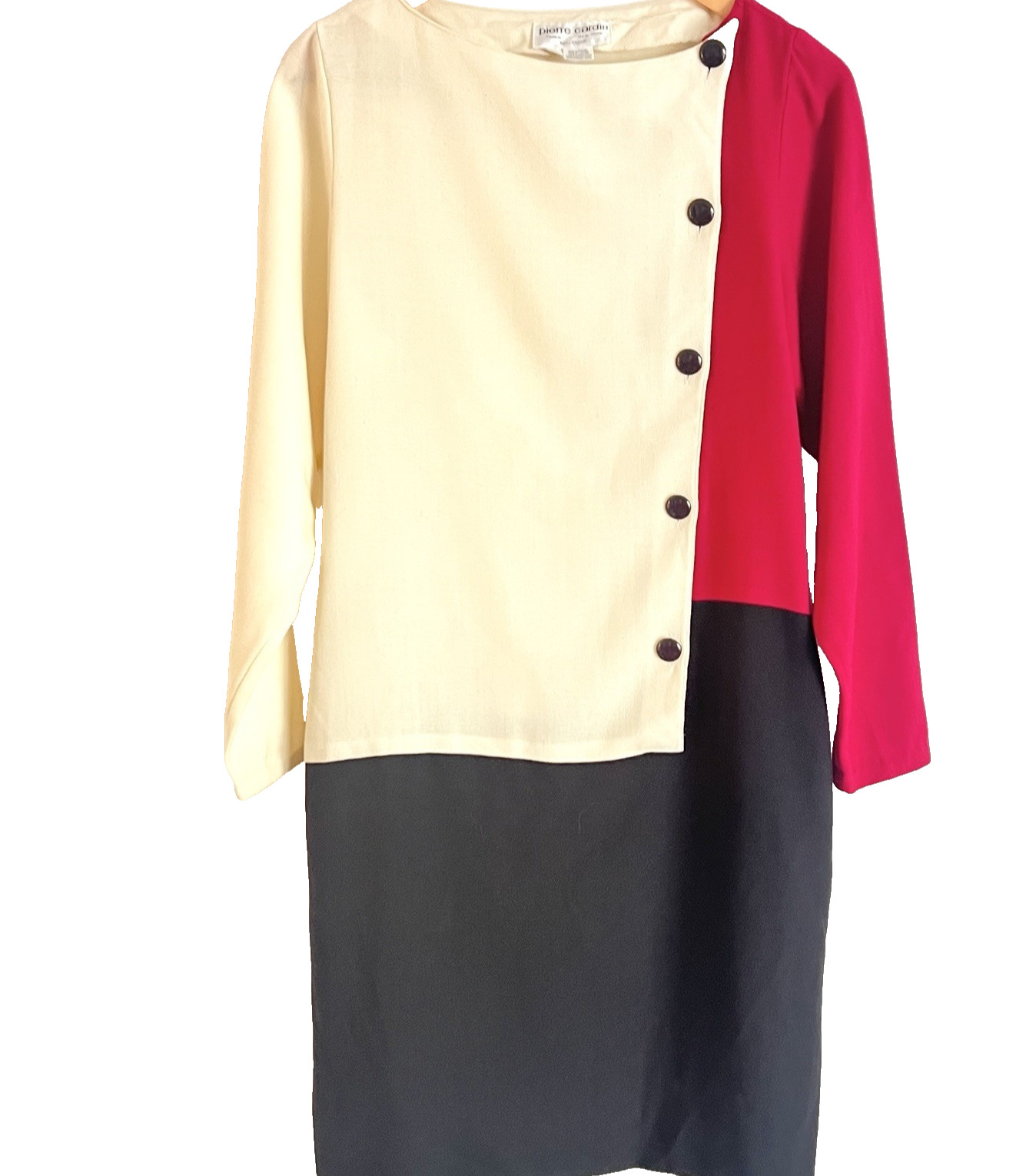 VTG Pierre Cardin Boutique Wool Crepe Color Block Wrap Dress Pockets Paris Sz 4