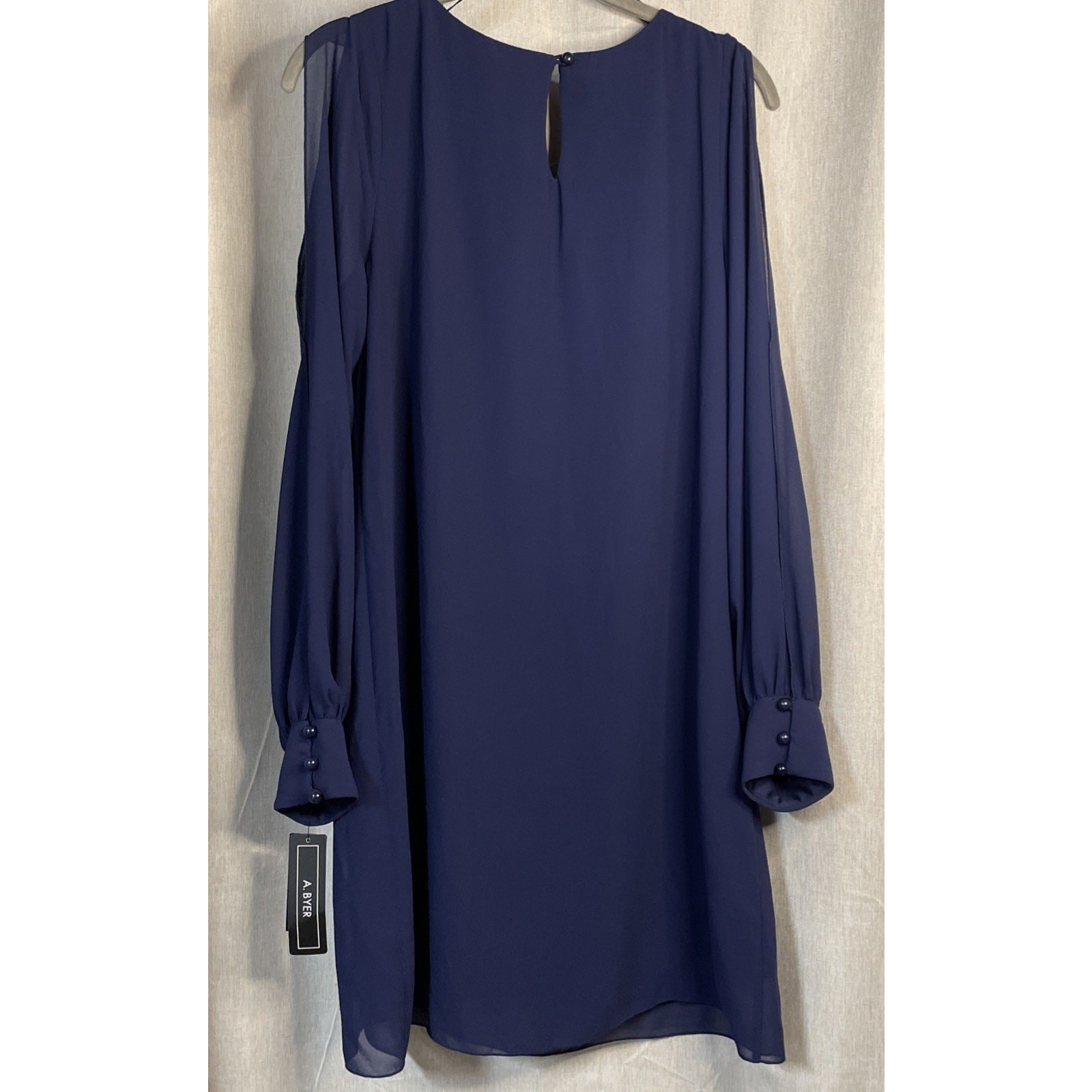 A. Buyer Navy Knee Length Dress w/Necklace- Cold Shoulder Sheer Sleeve Large NWT