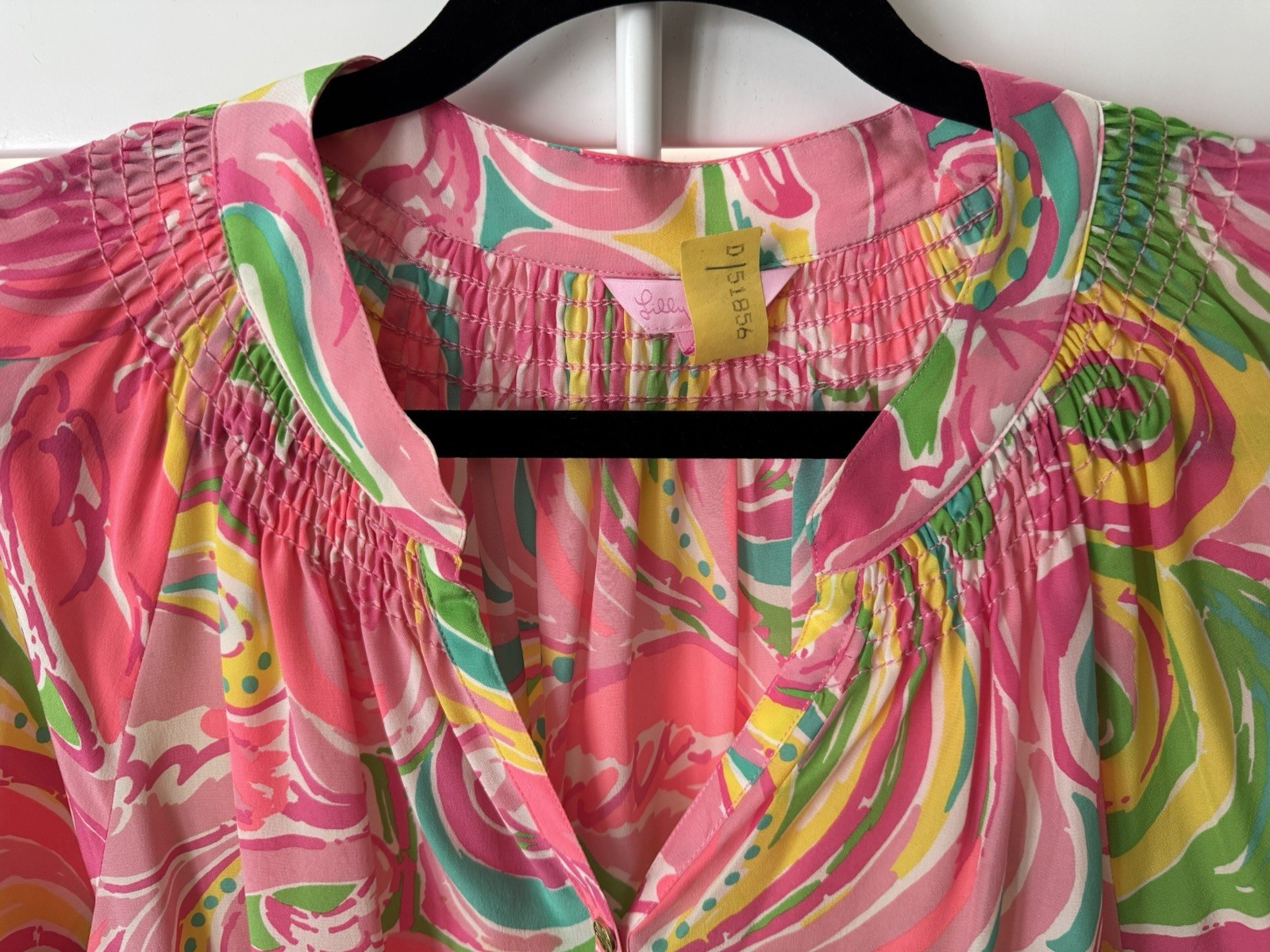Lilly Pulitzer Women Blouse Elsa NWOT Top XL Swirl Floral Silk LgSl Smocked VNck
