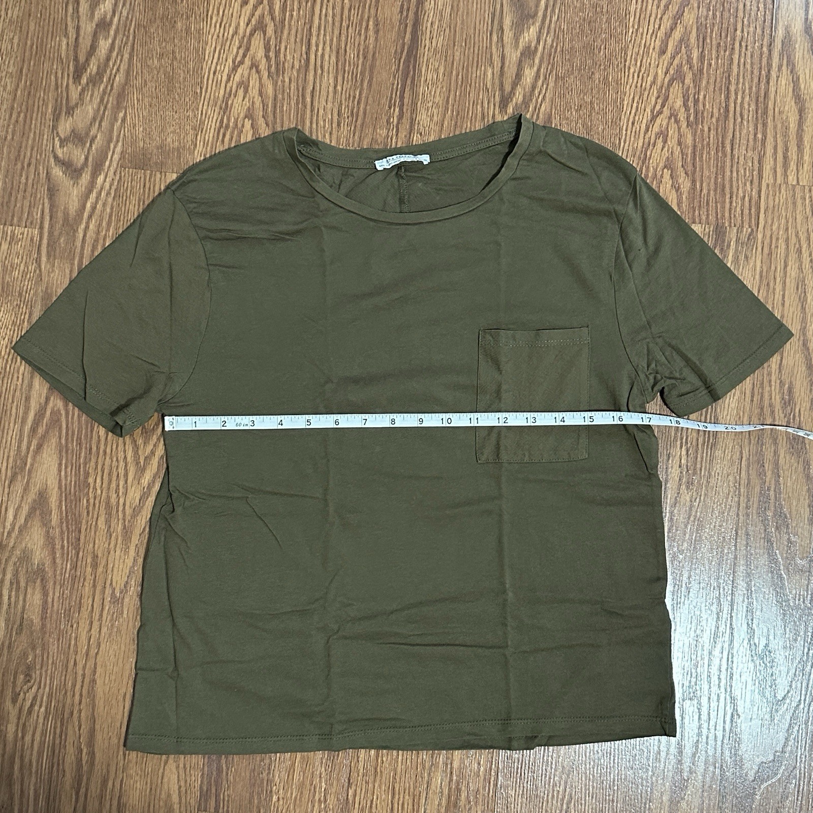 Zara T-Shirt Women’s Green Short Sleeve Pocket Crew Neck Sz S 100% Cotton