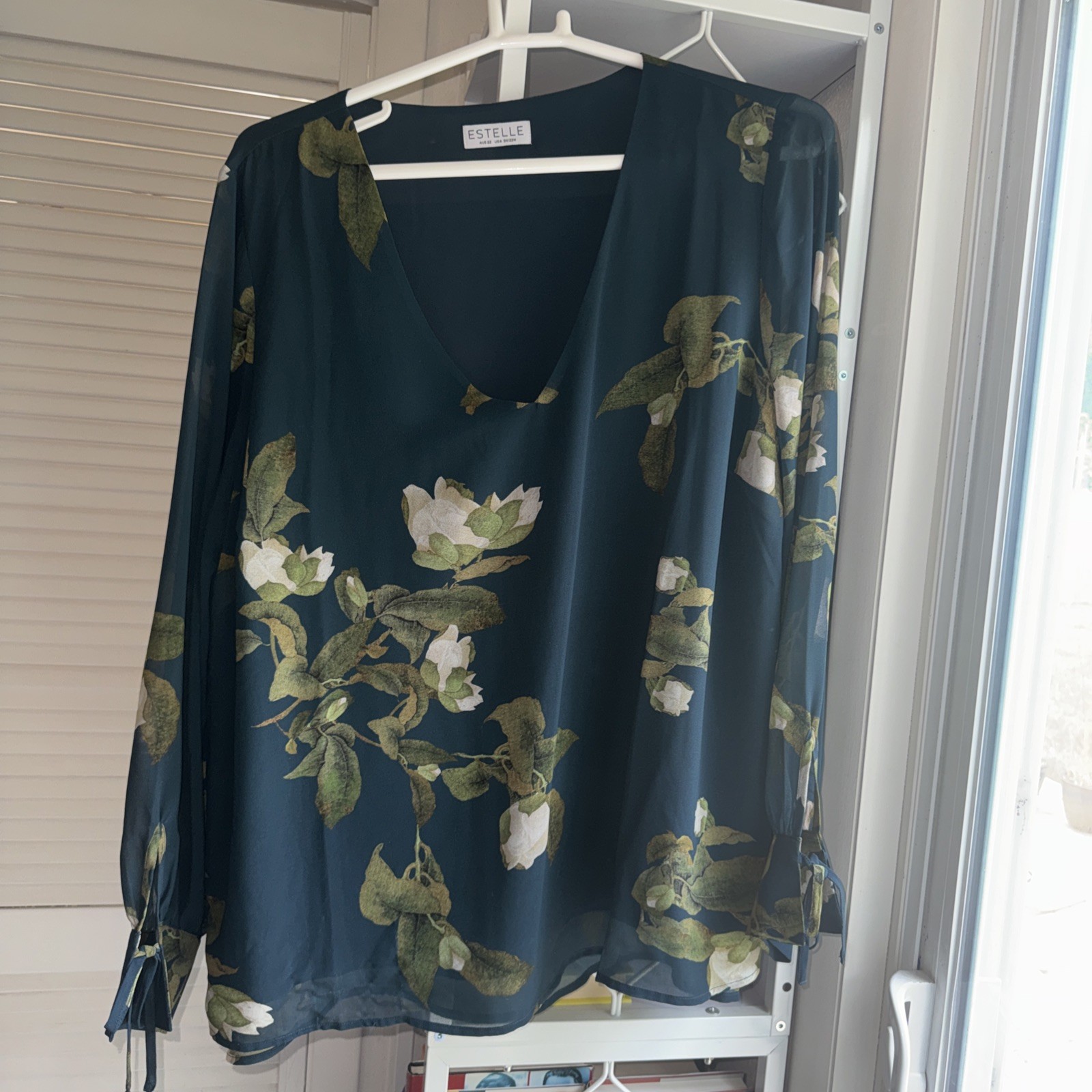 Estelle Navy Blue Flowered Blouse Sheer Long Sleeves Ivory Rose Print plus 3x