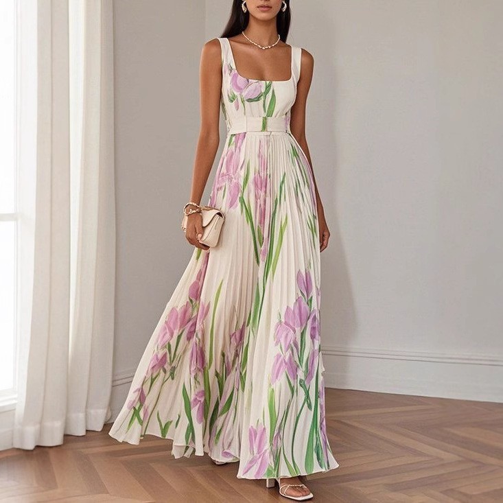 Sleeveless Formal Pleated Printed Dress Women A-Line Elegant Party Summer Midi