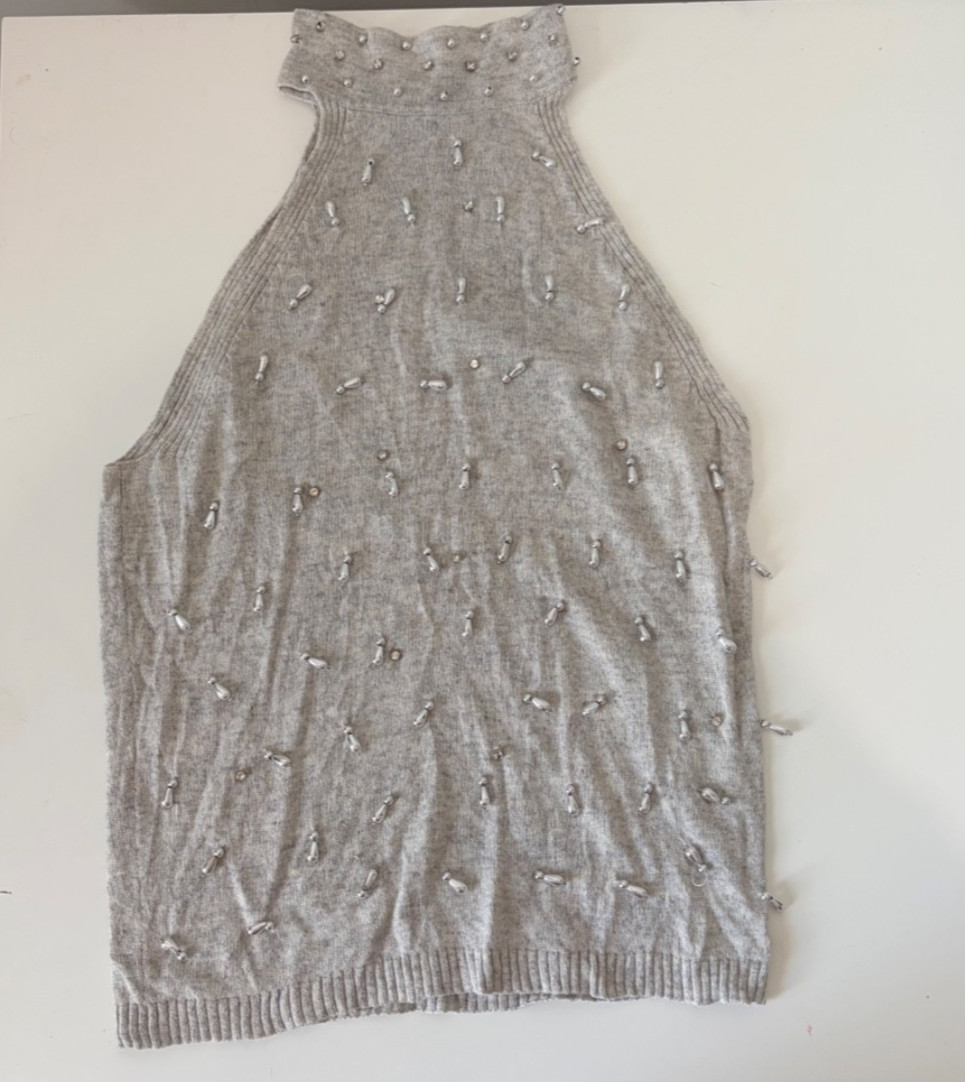 Moda International Silk Cashmere Beaded Halter Sweater Tank Top Gray Size S
