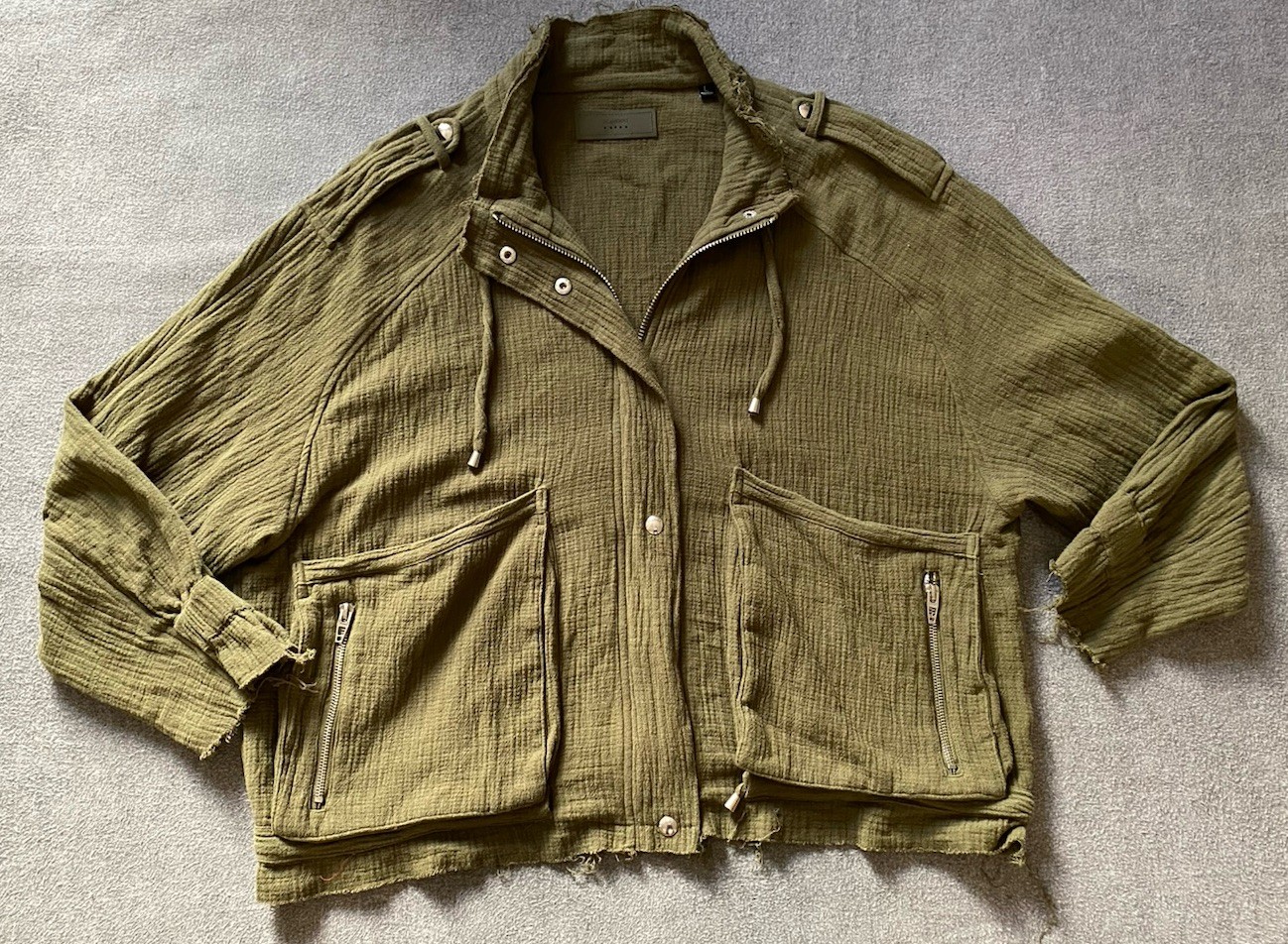 Blank NYC Army Green Boxy Gauzy Raw Edge Jacket Women’s L Casual Boho