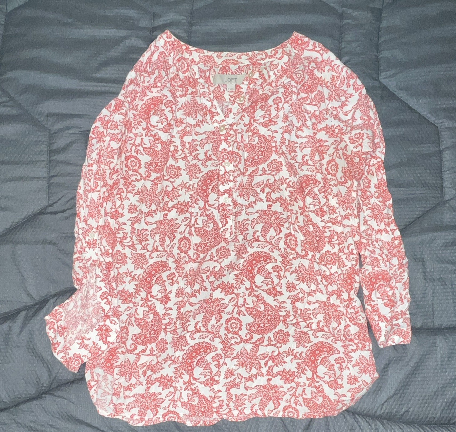 LOFT White Red Floral Button-Front V-Neck Long Sleeve Blouse Top M