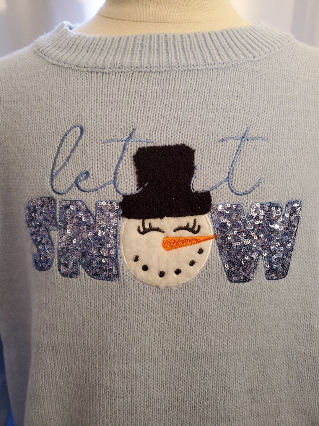 2XL Love In Faith Let It Snow Blue Sequin Embellished Snowman Polyester Sweater