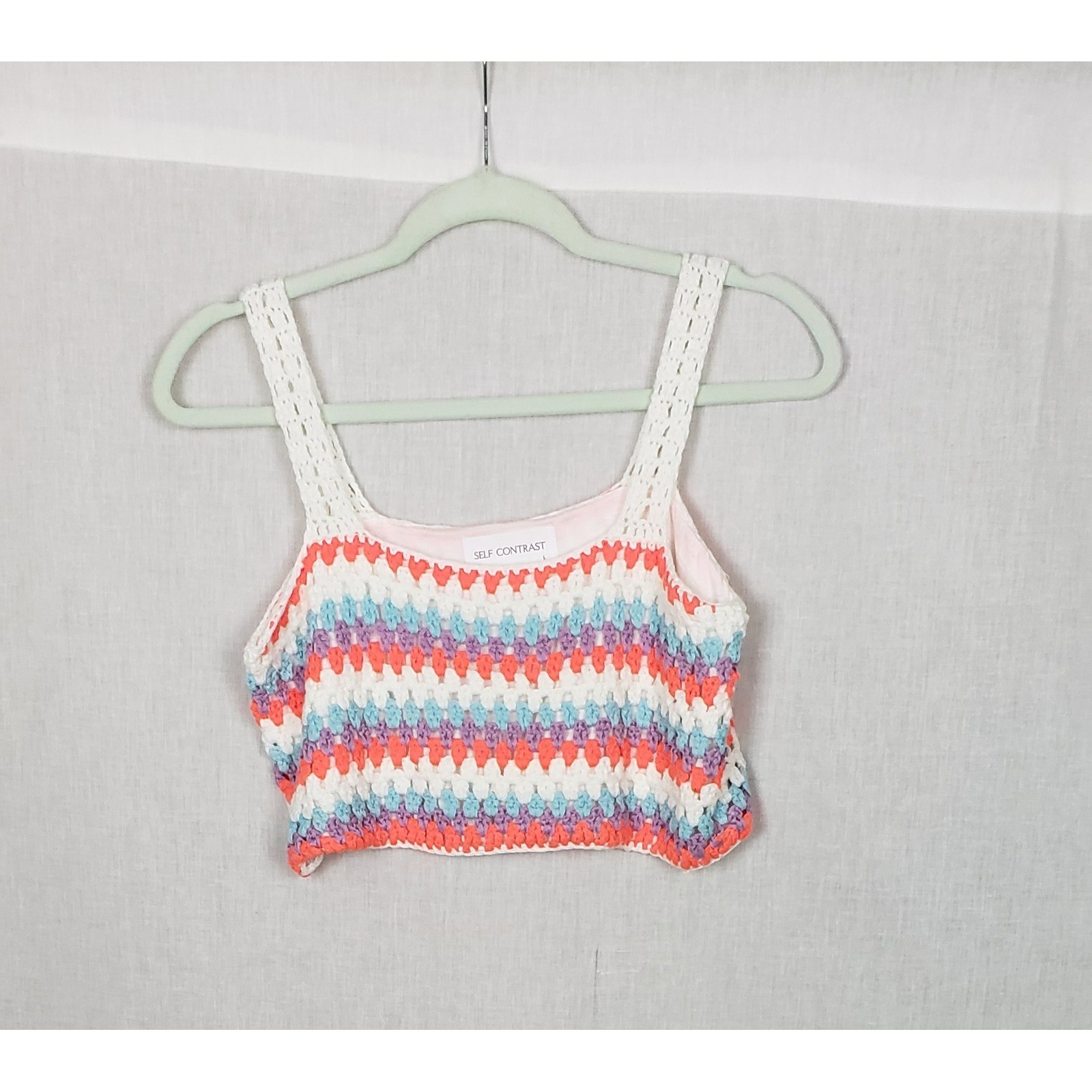 Self Contrast Womens Crochet Striped Crop Top Multi Color Boho Festival L Summer