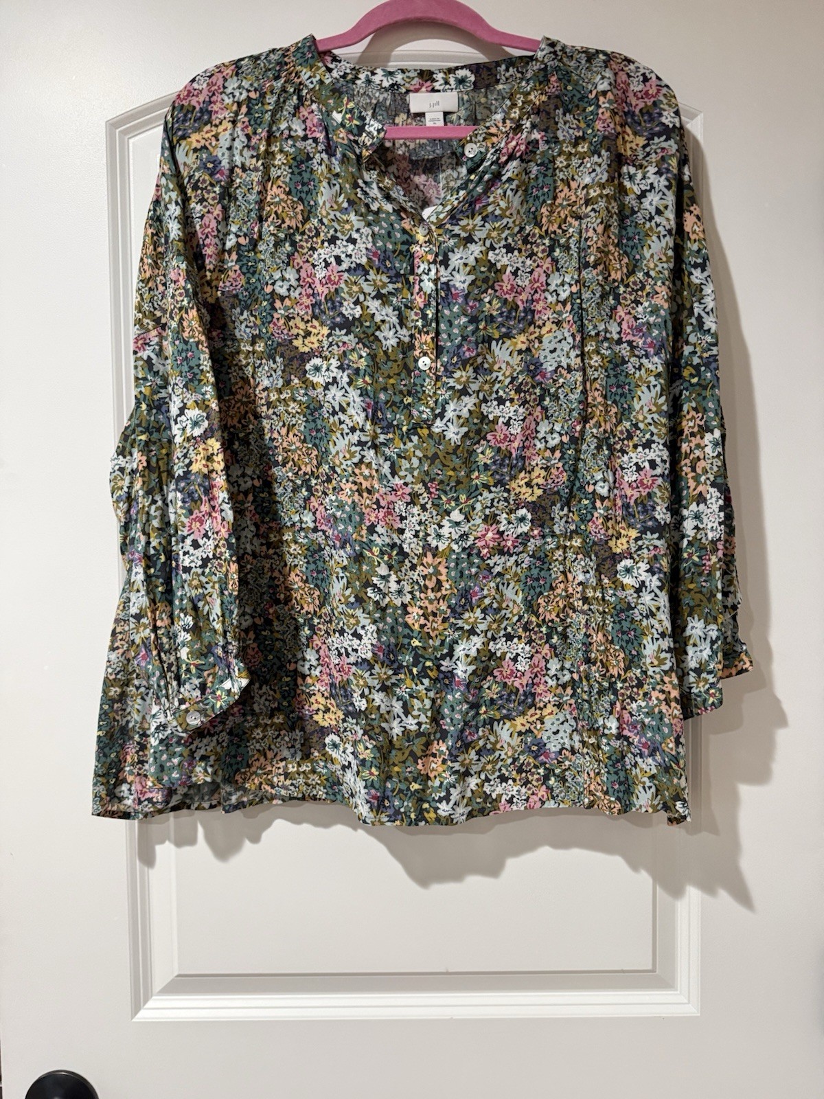 J. Jill Women’s XL Green Multicolor Floral Button V-Neck 3/4 Sleeve Blouse