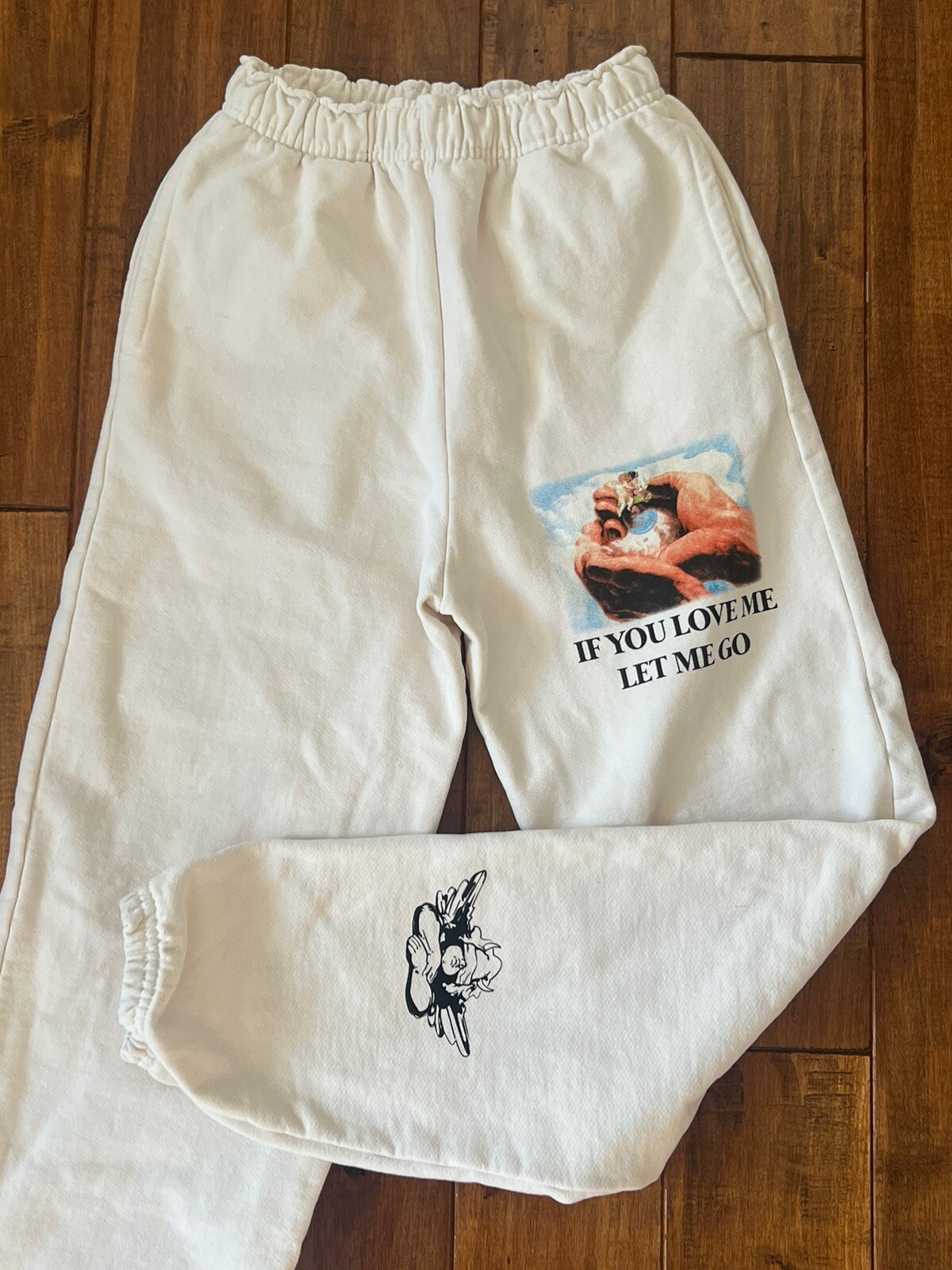 BOYS LIE If you LOVE me, LET ME GO Ivory Cream SWEATPANTS Joggers Fleece