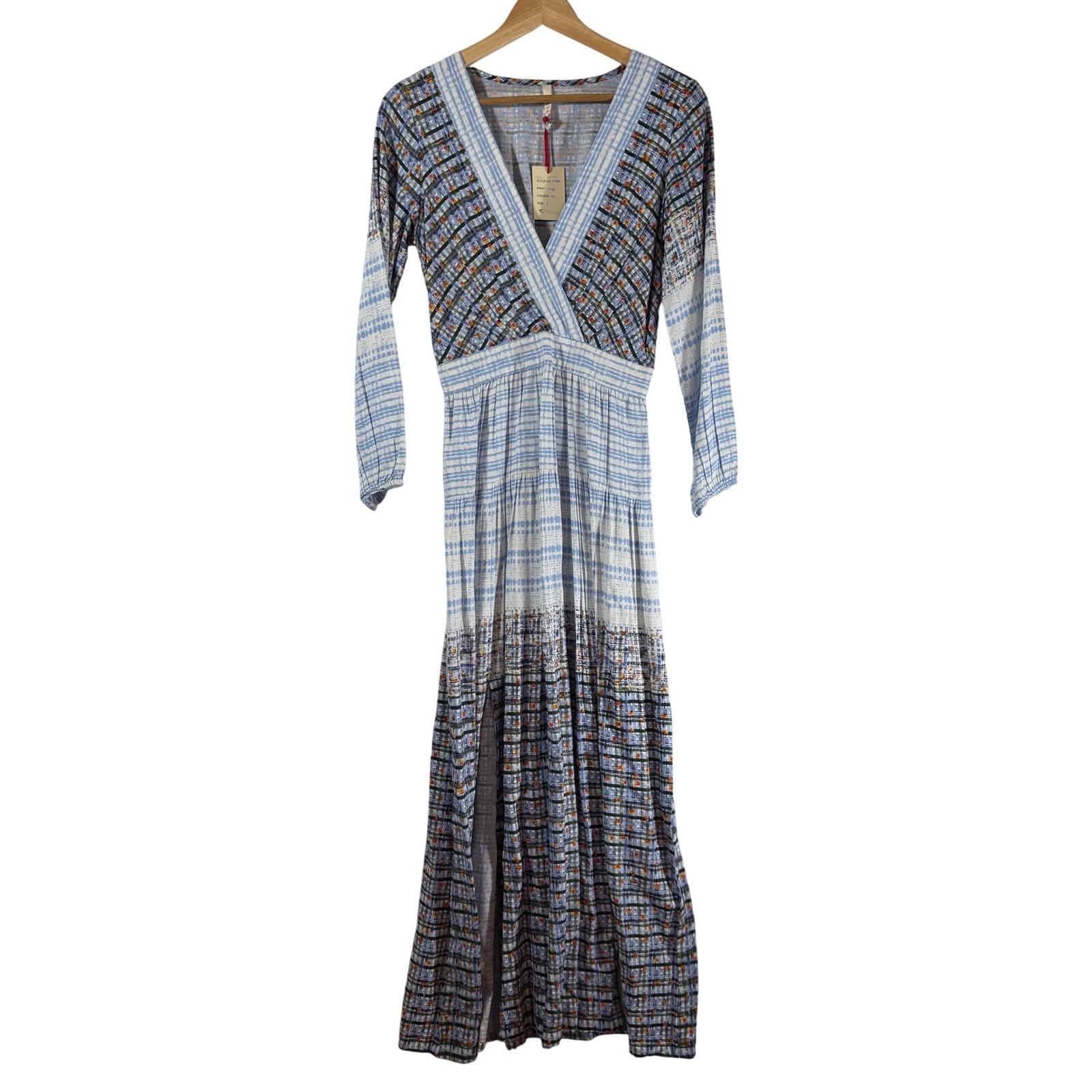 Raga | NWT Boho Maxi Geometric Print Blue White Long Sleeve V Neck Women’s S