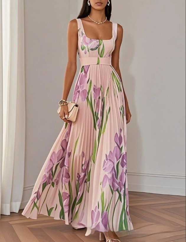 Sleeveless Formal Pleated Printed Dress Women A-Line Elegant Party Summer Midi