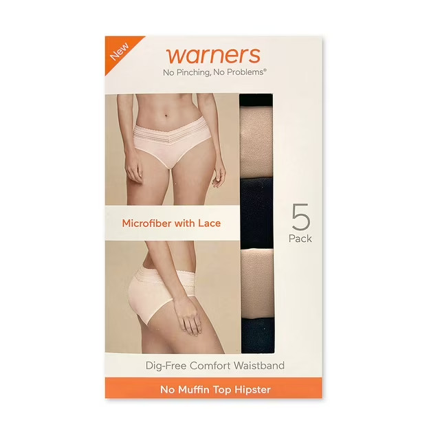 Warners Women’s 5-Pack No Pinching Lace Waistband Hipster Size XL Basics Pack