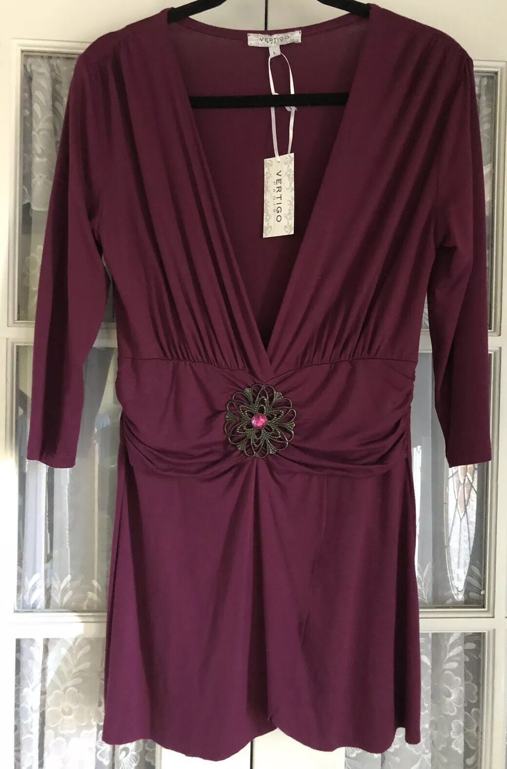 Vertigo Paris Large Dress Bordeaux Rouched Waist Deep V Neck 3/4 Sleeve Women