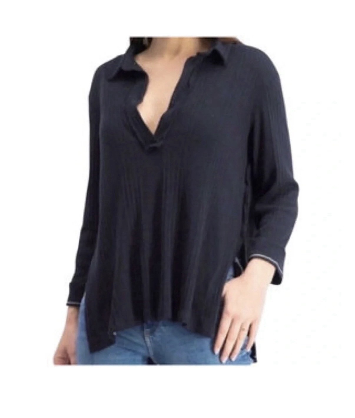 We The Free People Navy Annie Ribbed Collared Top XS