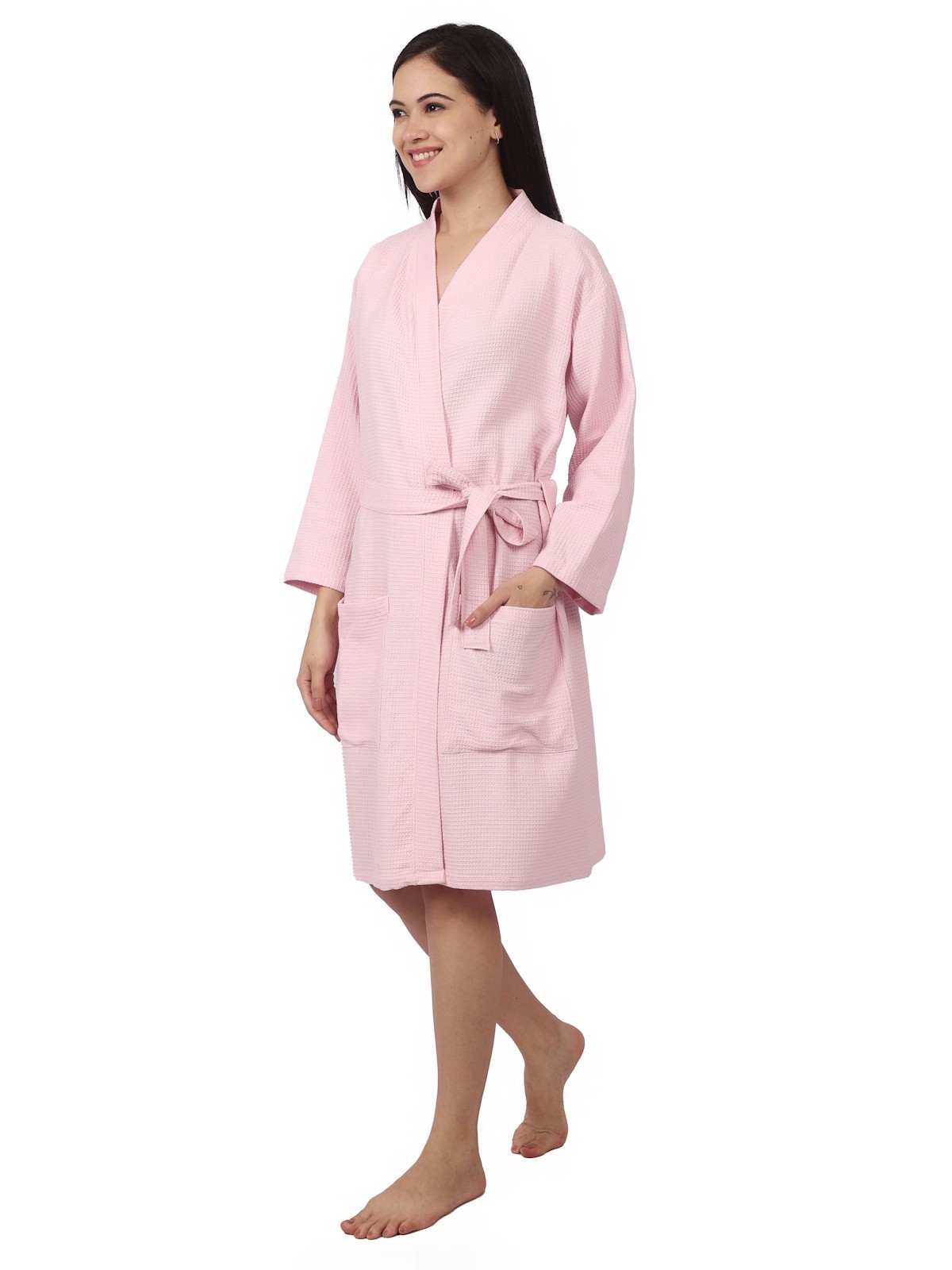 Feather Drape Unisex Waffle Bathrobe Cotton Hotel Spa Robe Medium Pink