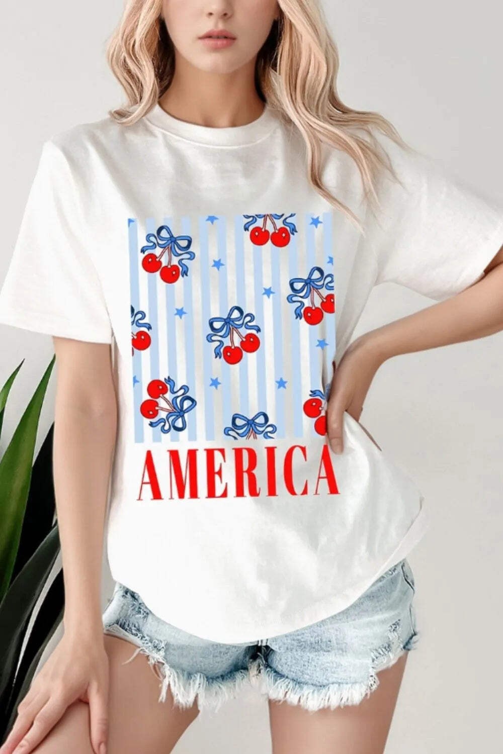Women’s Bow Cherry AMERICA Graphic Crewneck Patriotic T Shirt