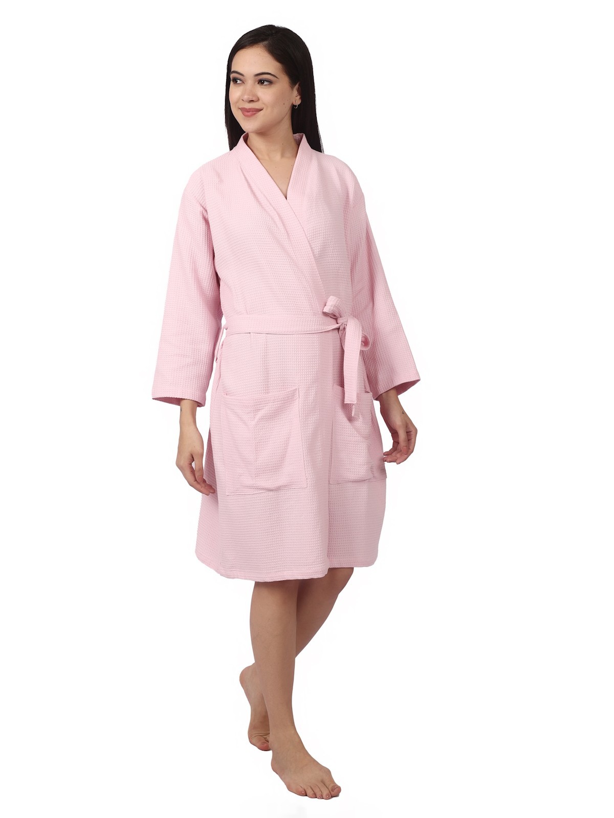 Feather Drape Unisex Waffle Bathrobe Cotton Hotel Spa Robe Medium Pink