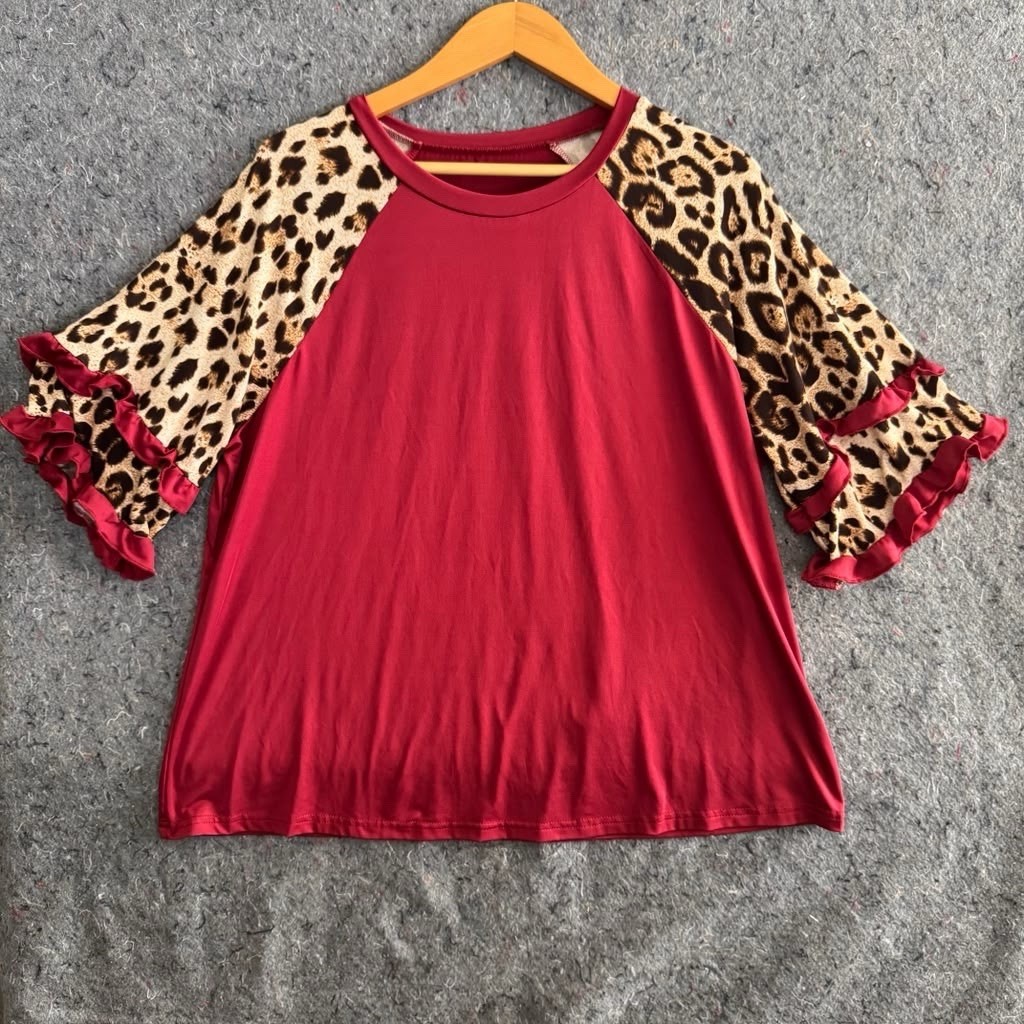 Womens XL 2X Leopard Ruffle Sleeve Top Burgundy Raglan Blouse Plus Size Fall