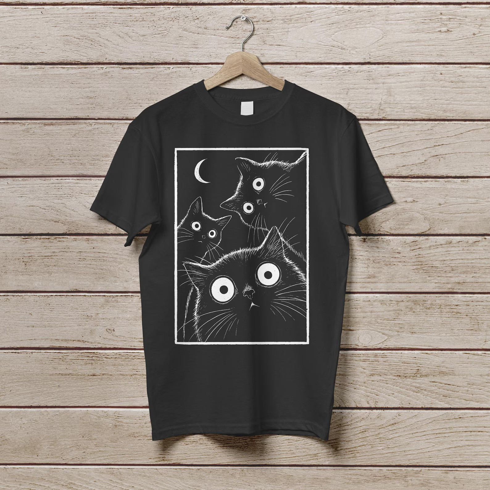 Retro black cat moon shirt, funny cat T-shirt, retro kitten shirt, cat-loving