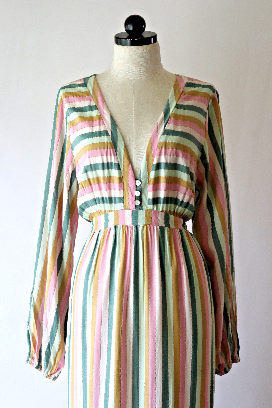 Self Contrast Pastel Metallic Stripe Bohemian Prairie Peasant Maxi Dress Women L