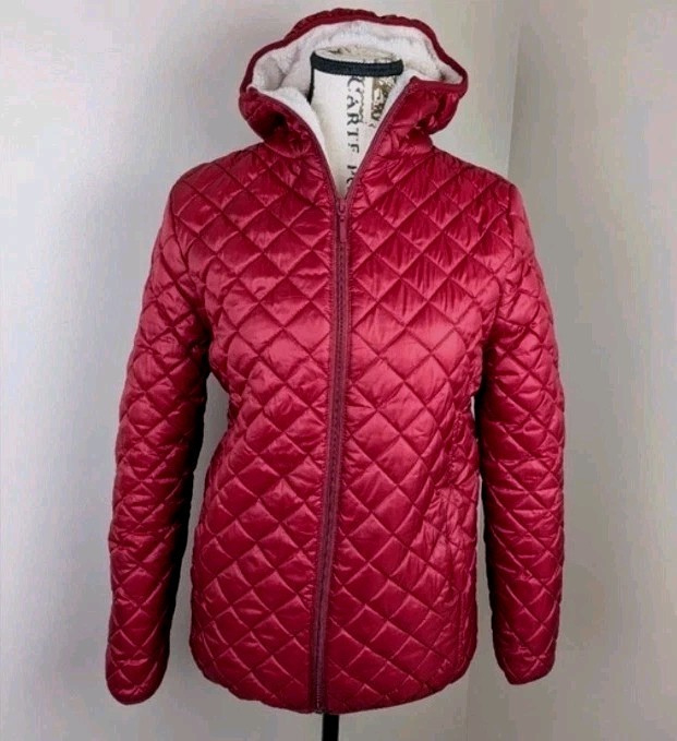 Vangull Women’s Burgundy Red Quilted Inner Plush Hooded Zip Jacket S Lightweight