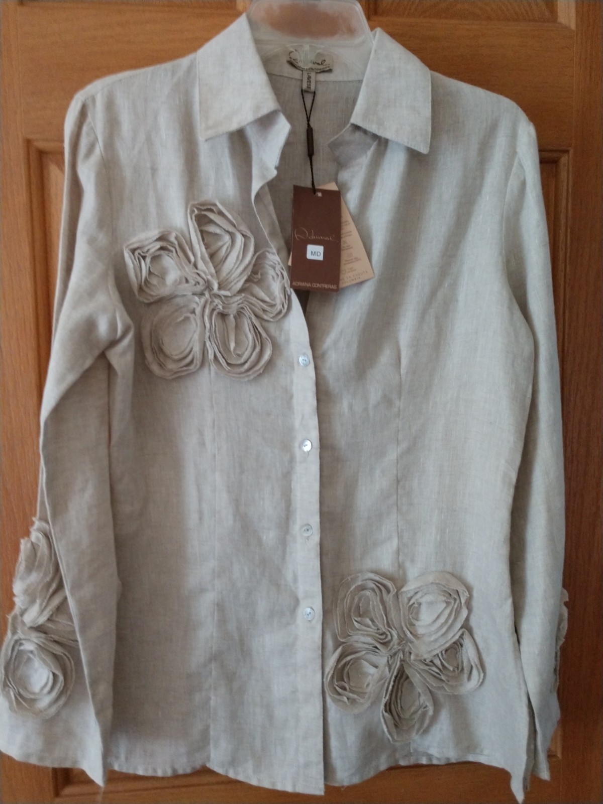 Adriana Contreras Tan Linen Medium M Linen Long Sleeve Sleeve Button Down