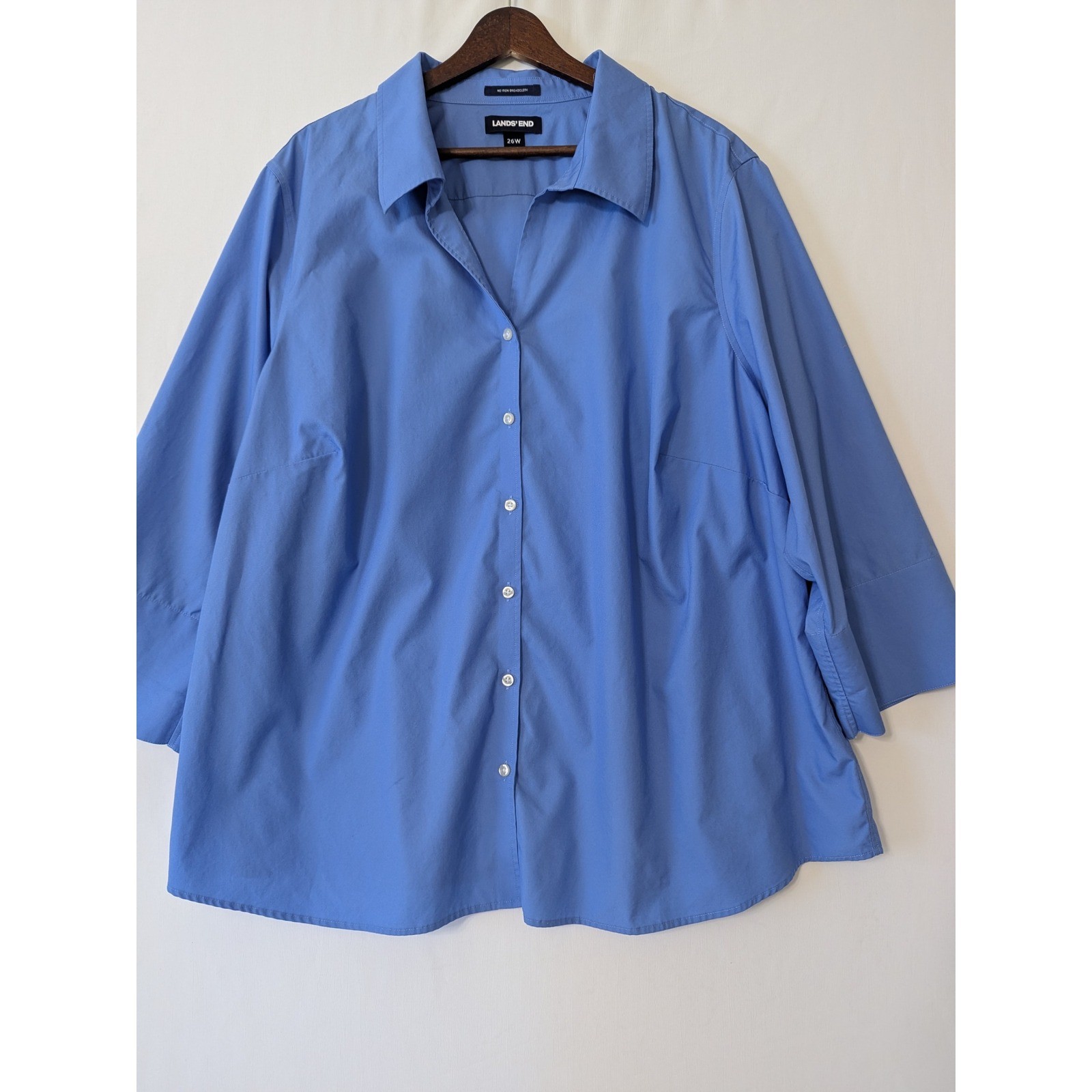 Lands’ End Button Down Shirt Women 26W Blue No Iron Broadcloth 3/4 Sleeve Plus
