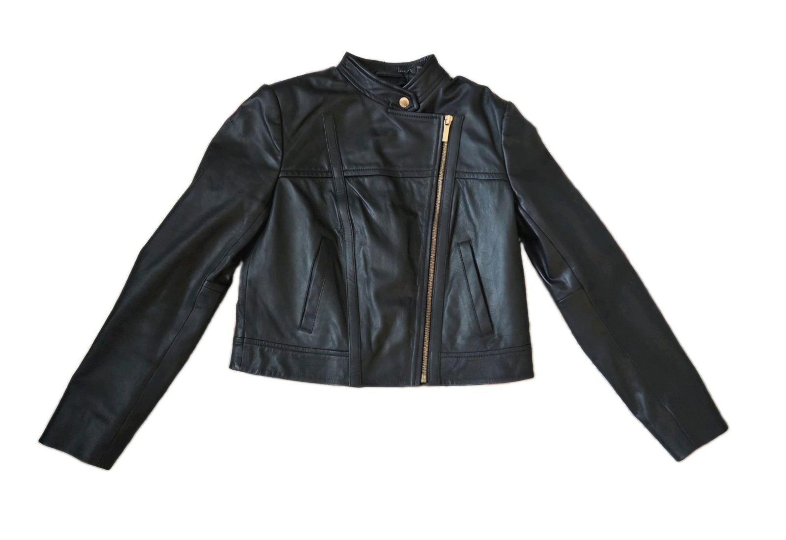 Michael Kors Cropped Genuine Leather Black Moto Jacket Fitted Soft Small Petite