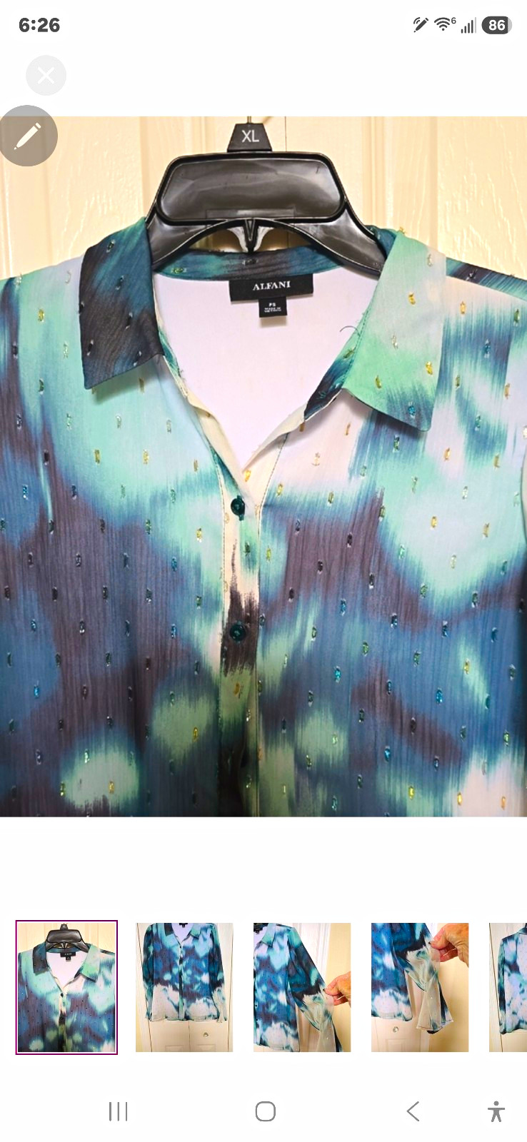 Alfani Women’s XL Blue/Green/White Abstract Collared Sheer Button-Front Blouse