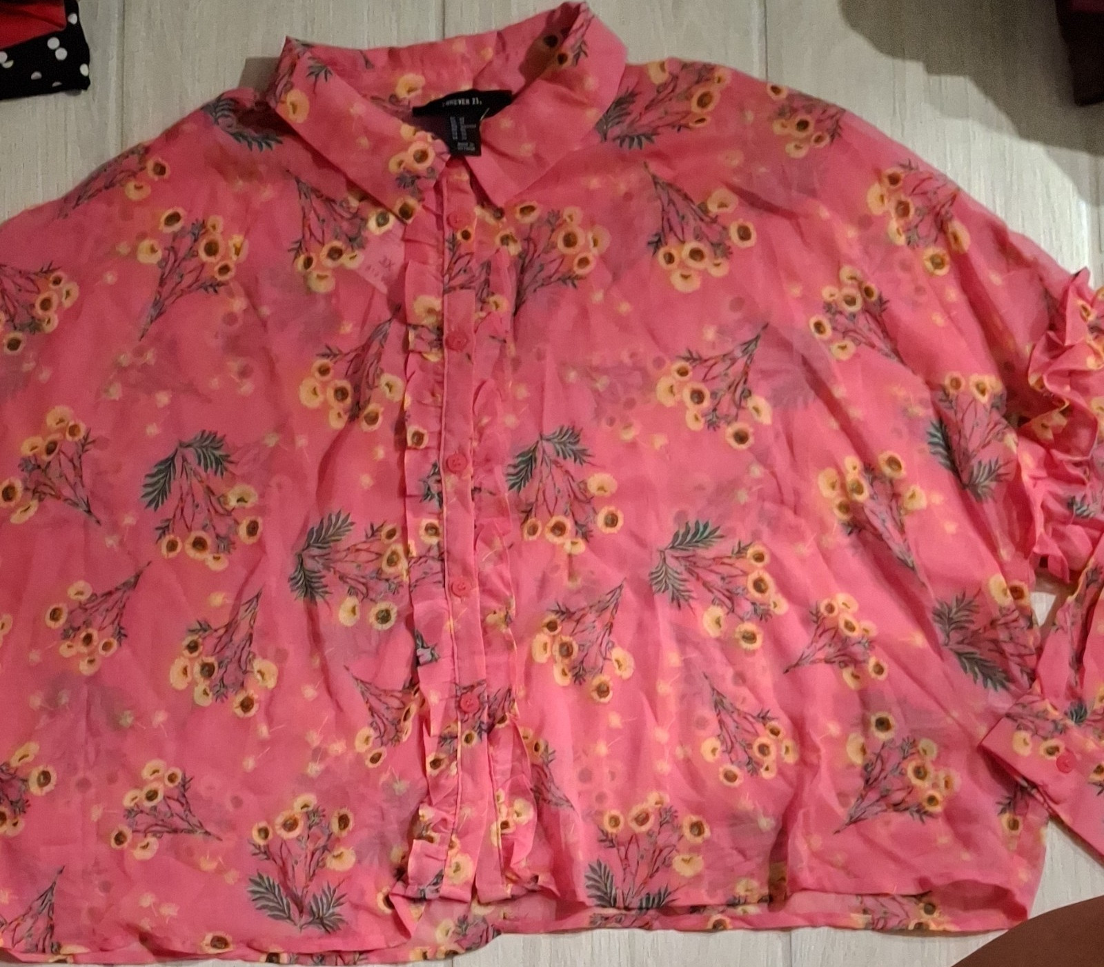 FOREVER 21 Pink Yellow Green Floral Ruffle Button Collar Women’s Blouse Plus 3X