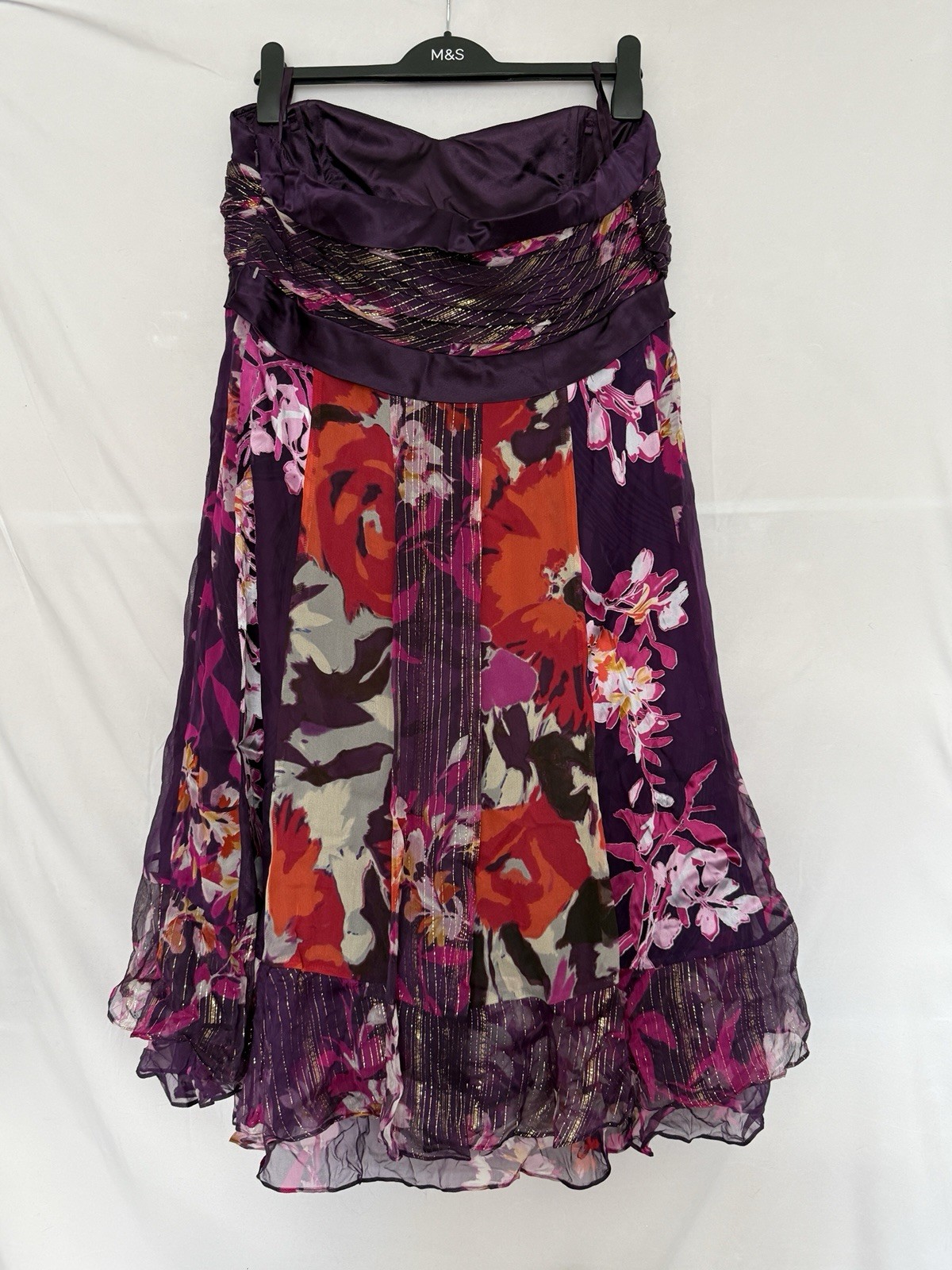 Monsoon Silk Blend Floral Strapless Tiered Maxi Dress Purple Pink Gold Size 18