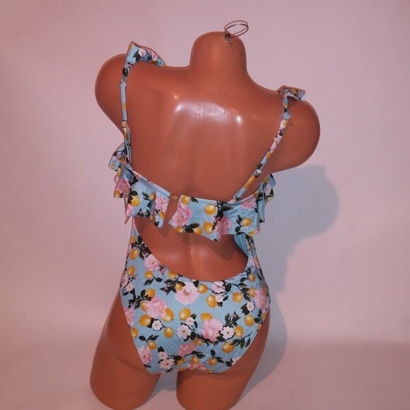 Victoria Secret One Piece Swim Large Blue Yellow Pink Floral Ruffle Lemons
