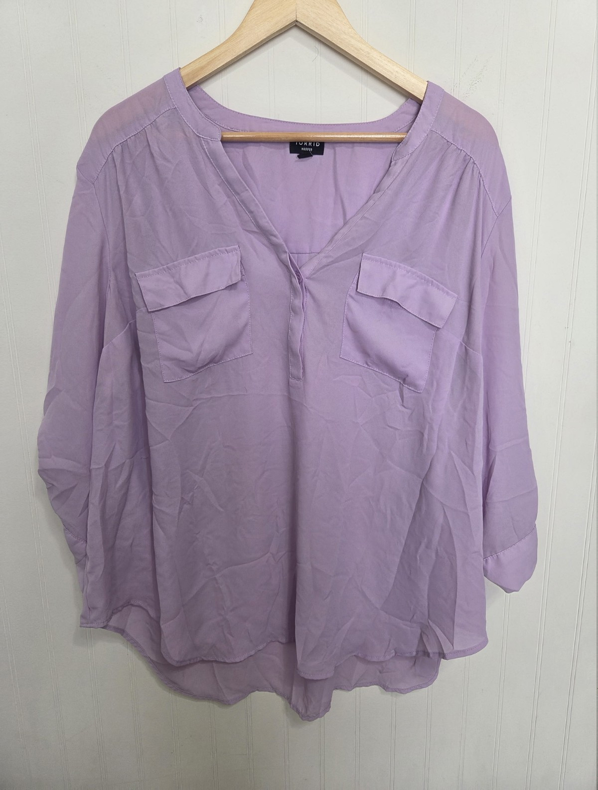 Torrid Harper Purple Solid Chiffon V-Neck Roll Tab 3/4 Sleeve Blouse, 2