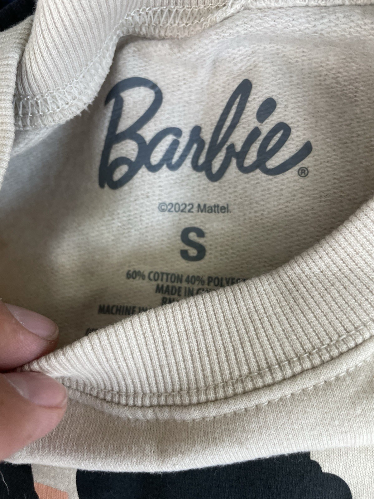 Barbie Women’s Beige Graphic Logo Fleece Crewneck Pullover Sweatshirt Size S