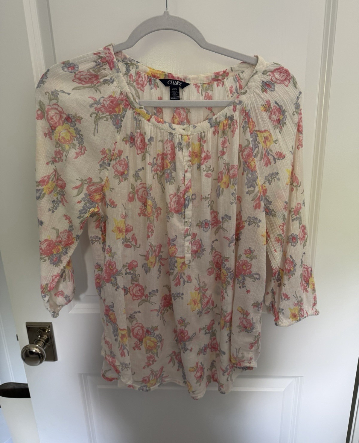 Chaps Women’s Floral Cotton Woven Blouse 3/4 Sleeve Round Neck Button M
