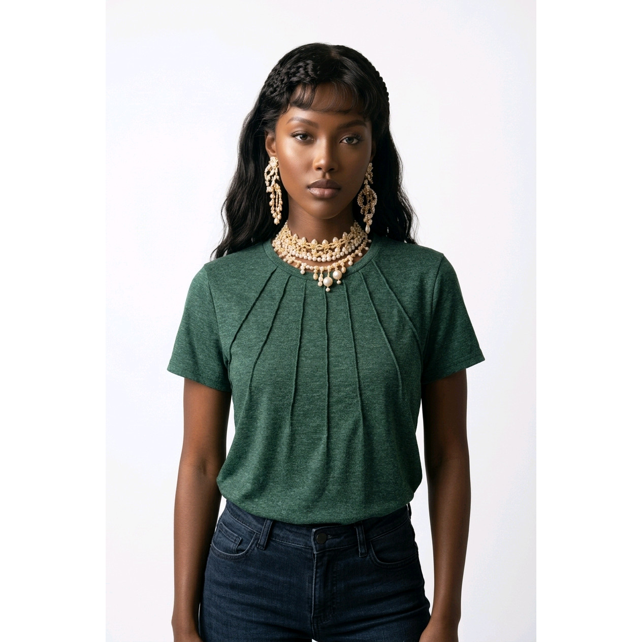 Women T-Shirt Pleated Front Tri-Blend Casual Heather Green Large