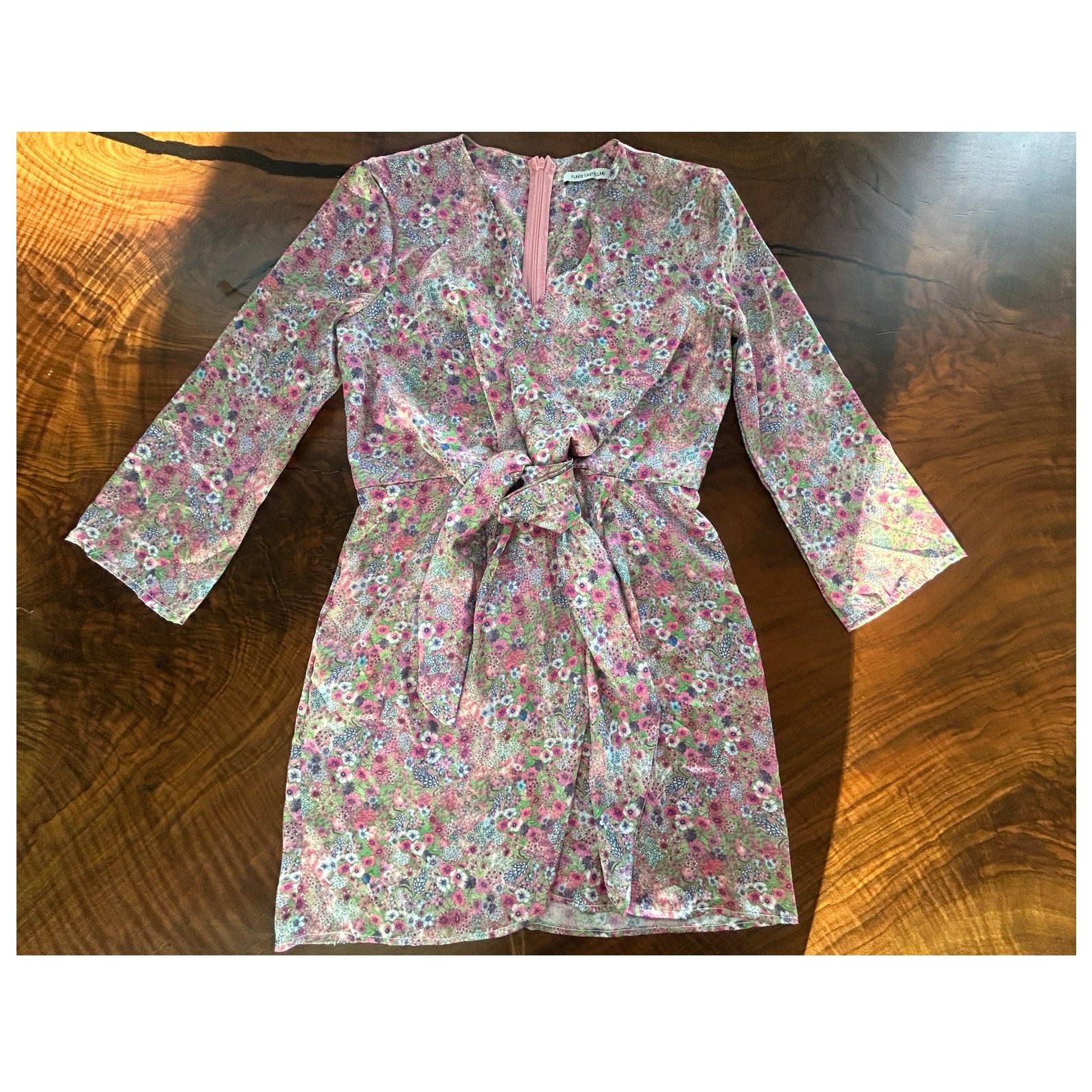 Flavio Castellani Italy Floral Satin Tie Mini Dress 42 M Long Sleeve Wrap