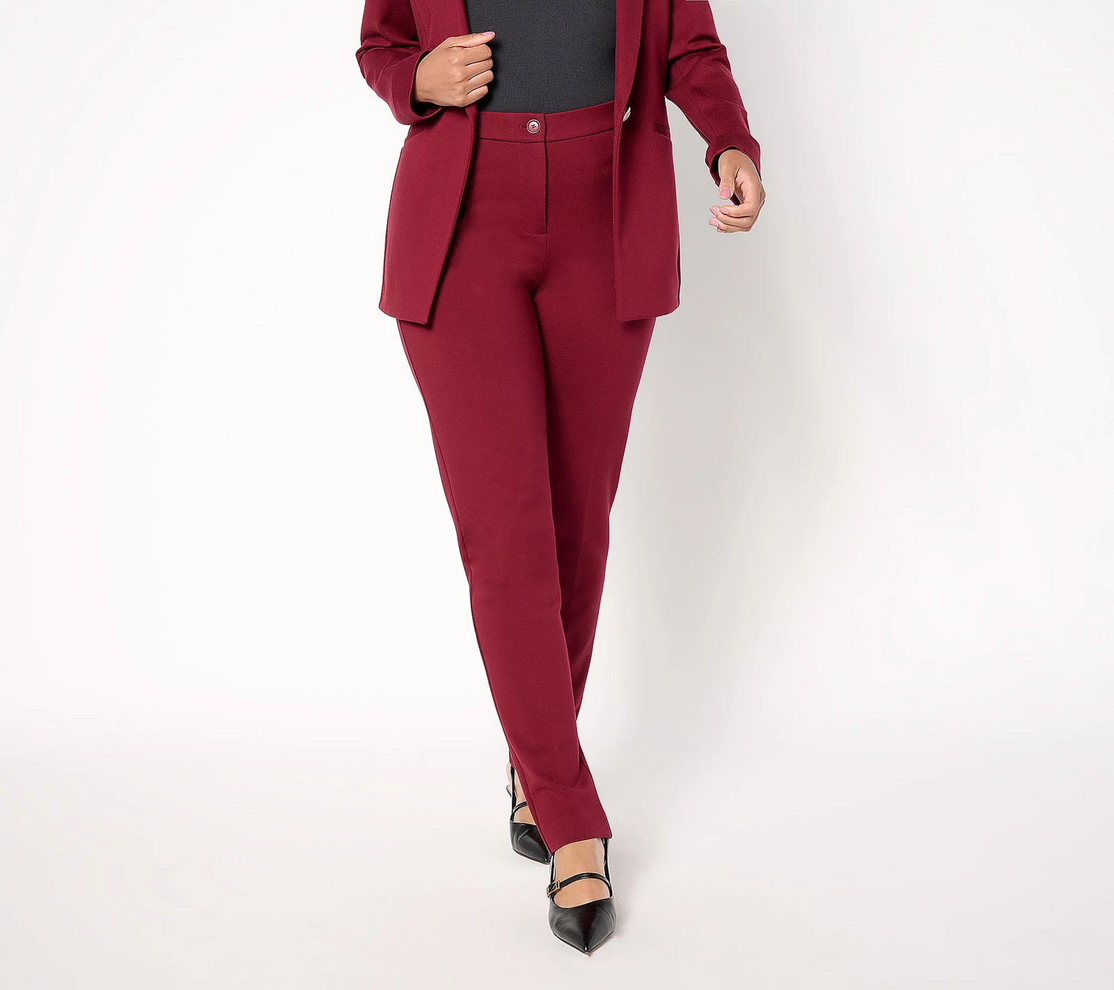 Susan Graver Regular Smart Ponte Slim Leg Trouser Cranberry Wine L New