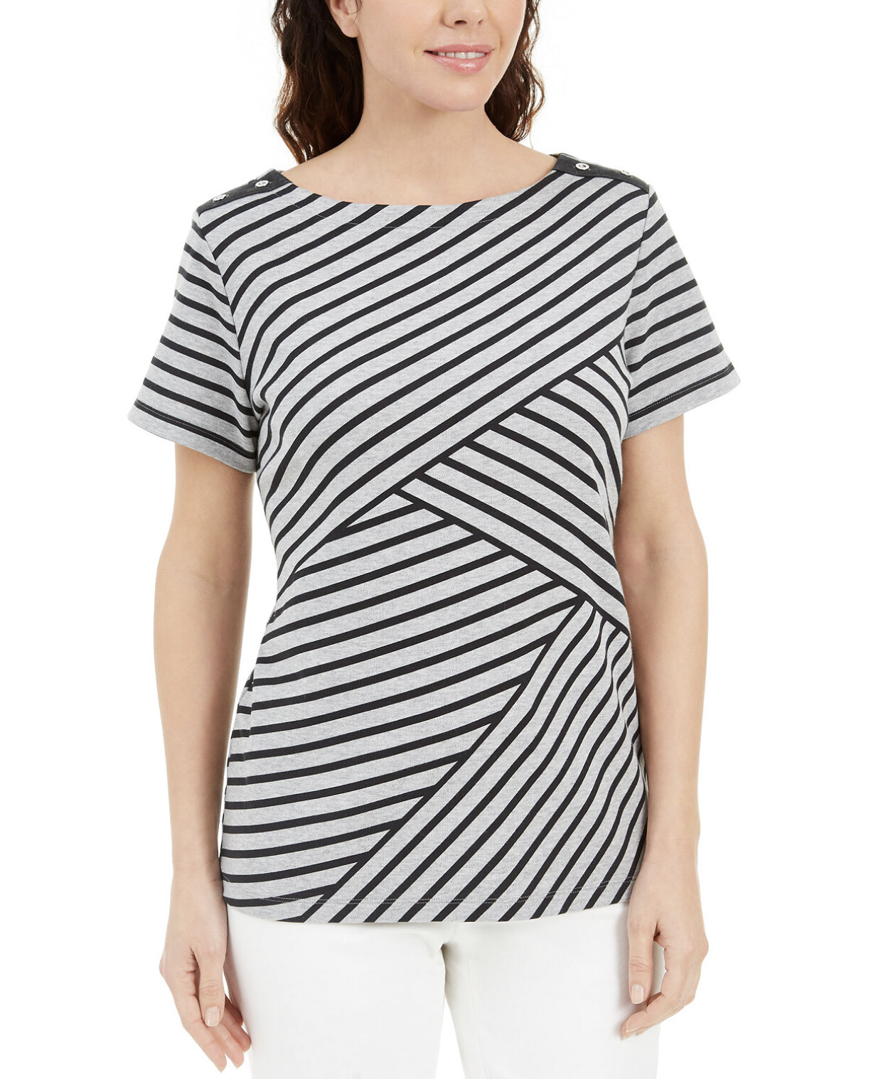 Karen Scott Women’s Petite Asymmetrical-Stripe Top Short Sleeve Smoke Black