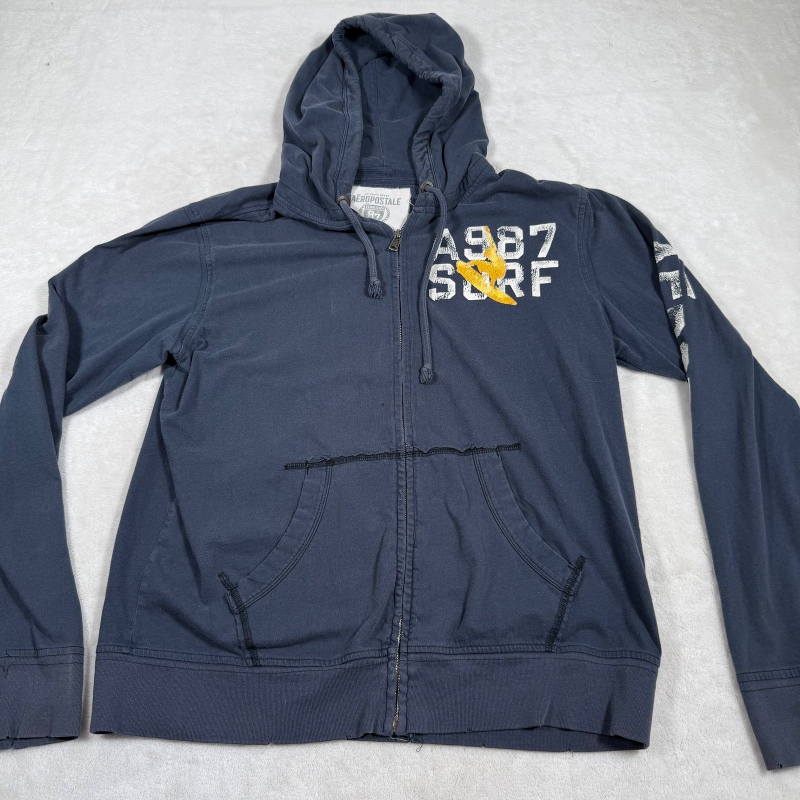 Aeropostale Women Blue Full Zip Hoodie Sweatshirt Distressed Graphic Print Large