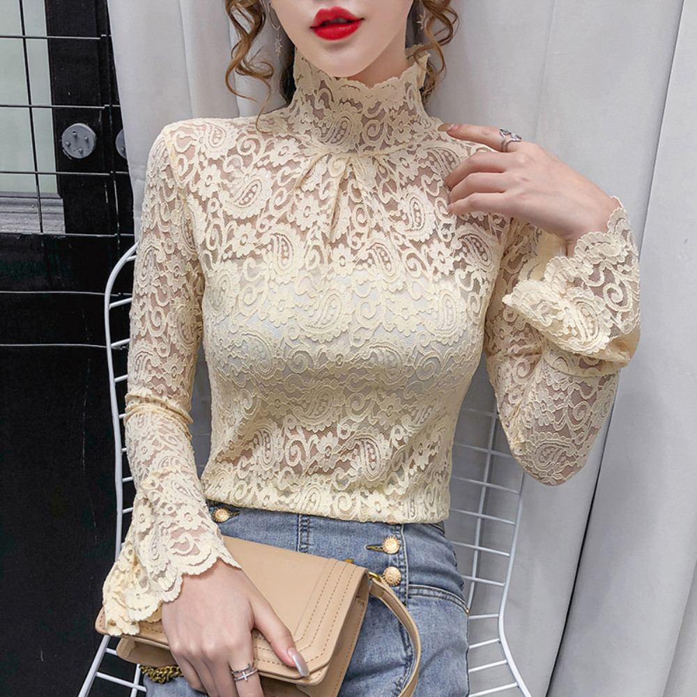 Mesh Women Lace Sheer T-shirts Basic Tee Tops Shirts Blouse Flare Sleeve Shirt