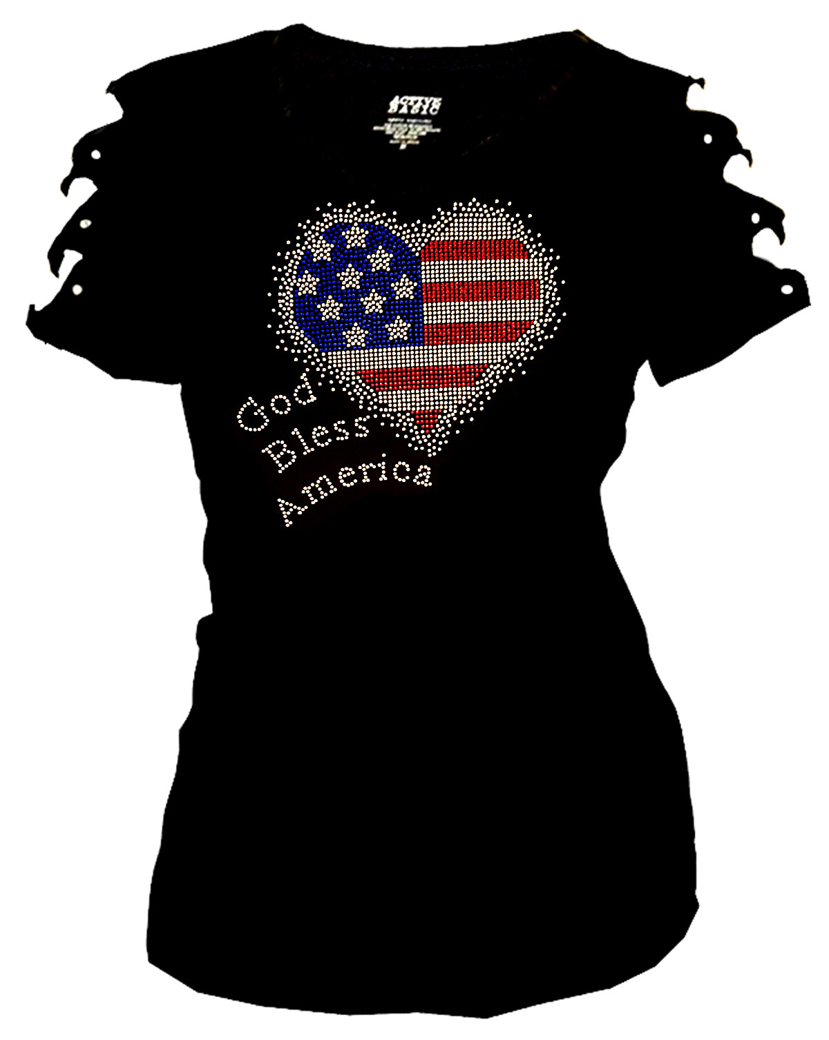 Bling Rhinestones 4th July T-shirt Ripped Slit Cut Out American Flag HEART S~4X